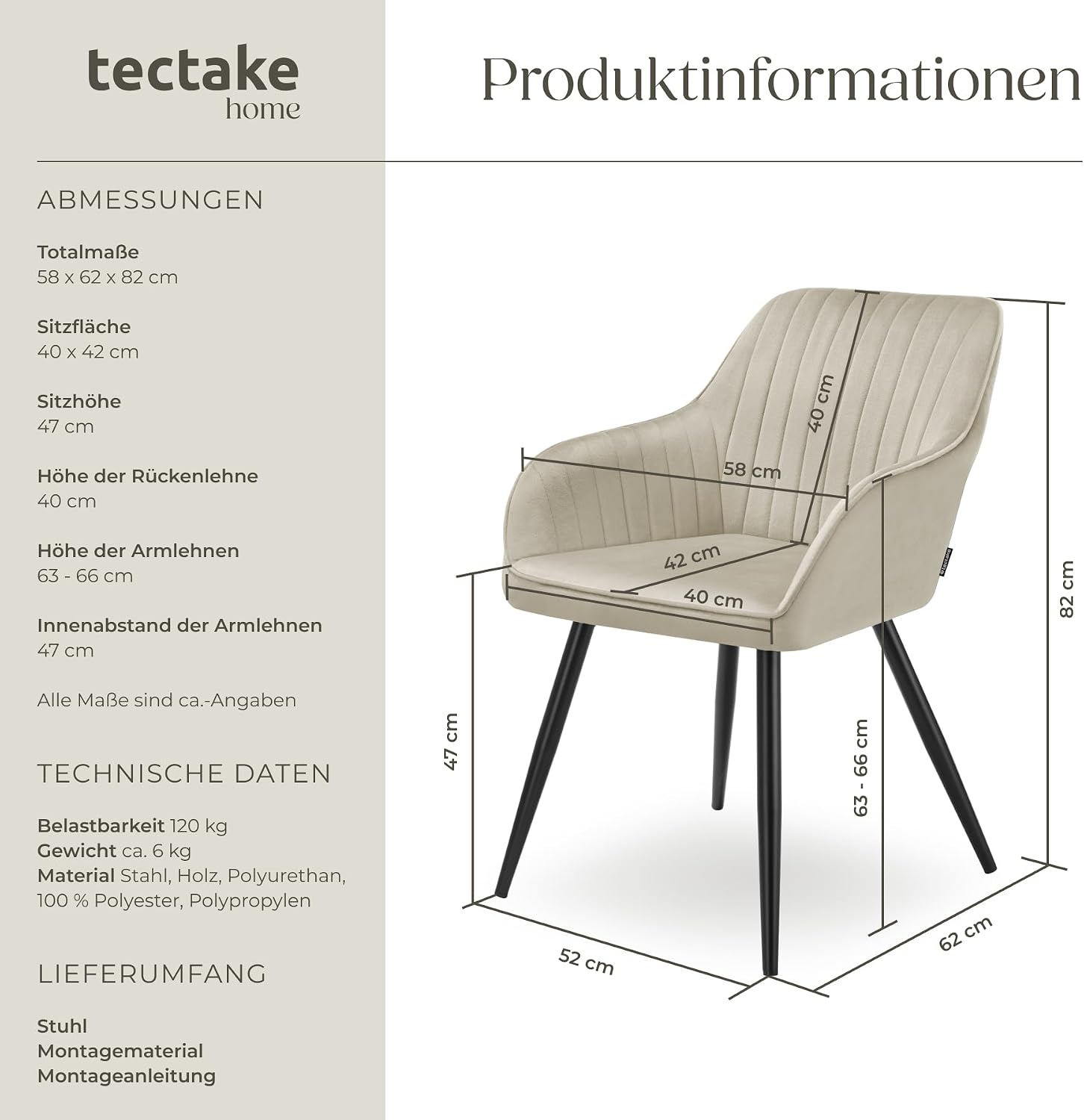 Detalle de tectake 405712 matstol i sammet med stoppad sits, stålben, kräm/svart