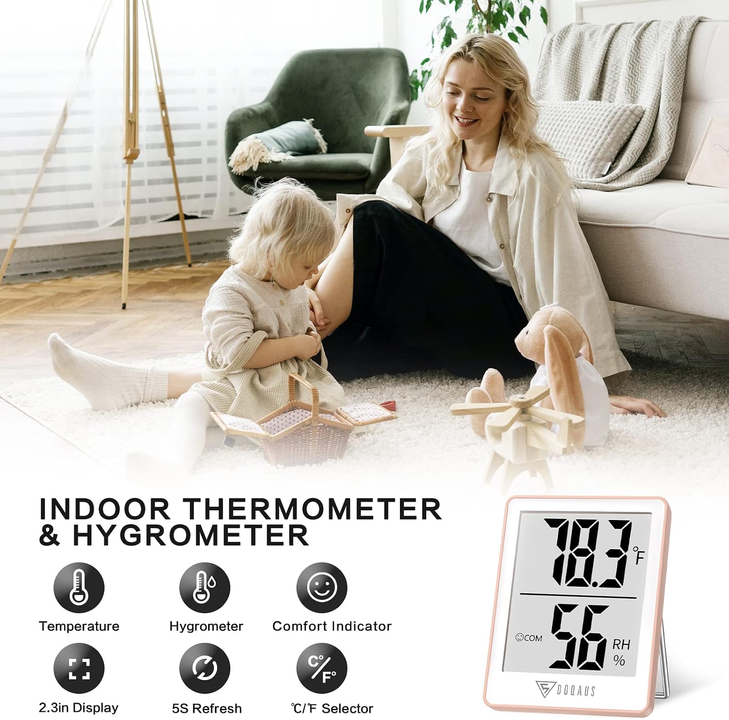 Detalle de DOQAUS US-HM1-P Pink Indoor Thermometer and Hygrometer with LCD Display