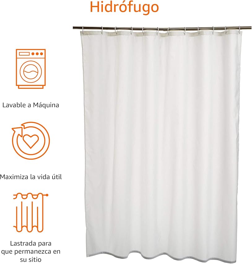 Detalle 2 de Amazon Basics Cortina de Ducha de Tela Resistente al Agua 💧, 180x200 cm