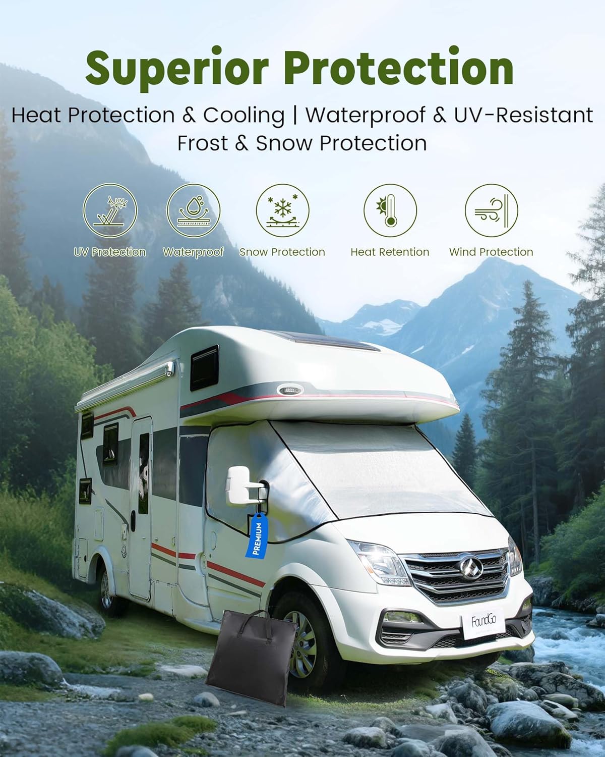 Thumbnail 1 de FoundGo Motorhome Windscreen Cover Thermal with Dual Zips – Waterproof, Aluminium Silver, Fits Fiat Ducato, Citroën Relay X250/290 & Peugeot Boxer (2006+) with Carry Bag