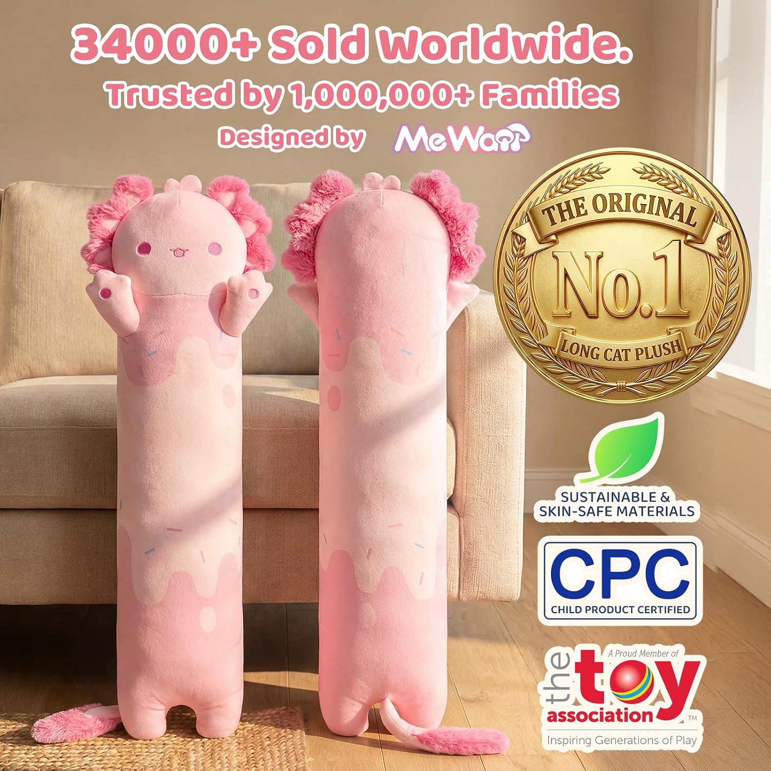 Thumbnail 2 de Mewaii Long Axolotl Plush – 5 Sizes, 120% Extra Filling Giant Body Pillow for Kids, Pink Kawaii Axolotl Stuffed Animal