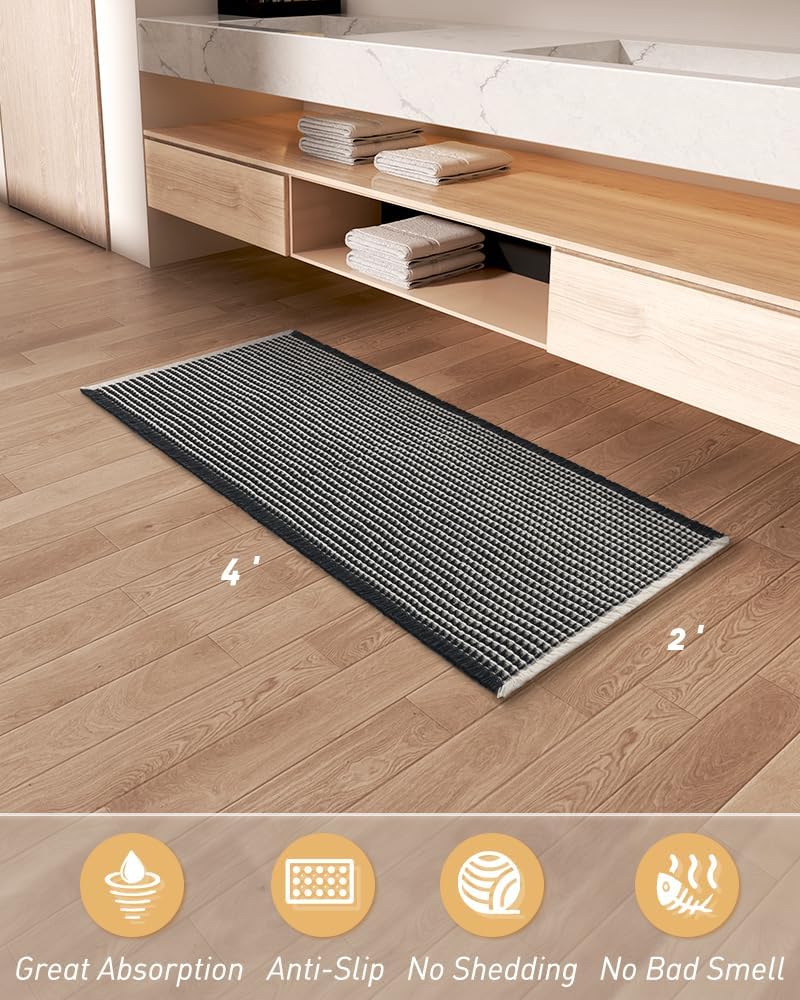 Thumbnail 6 de AMOAMI Upgraded Waffle Runner Rug: Ultra-Absorbent, Non-Slip Bath Mat (2' x 4', Black & Cream)
