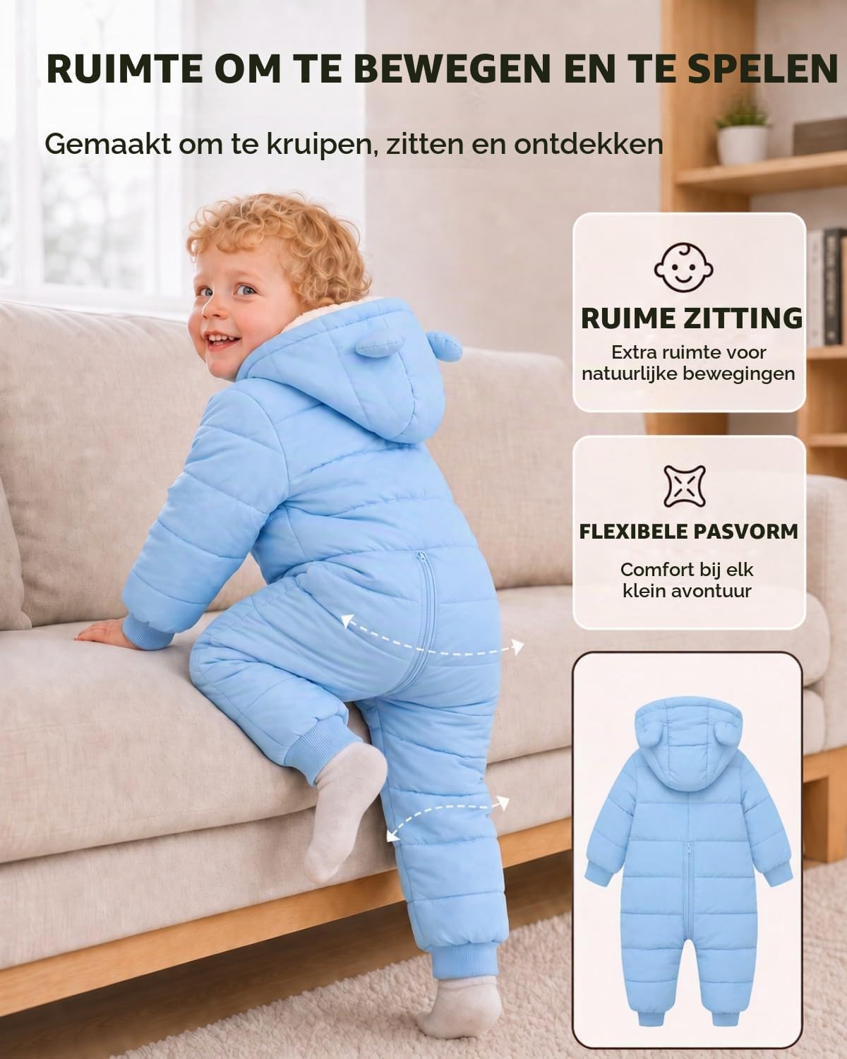 Detalle 2 de JiAmy winterkruippakje met capuchon, fleecevoering en rits