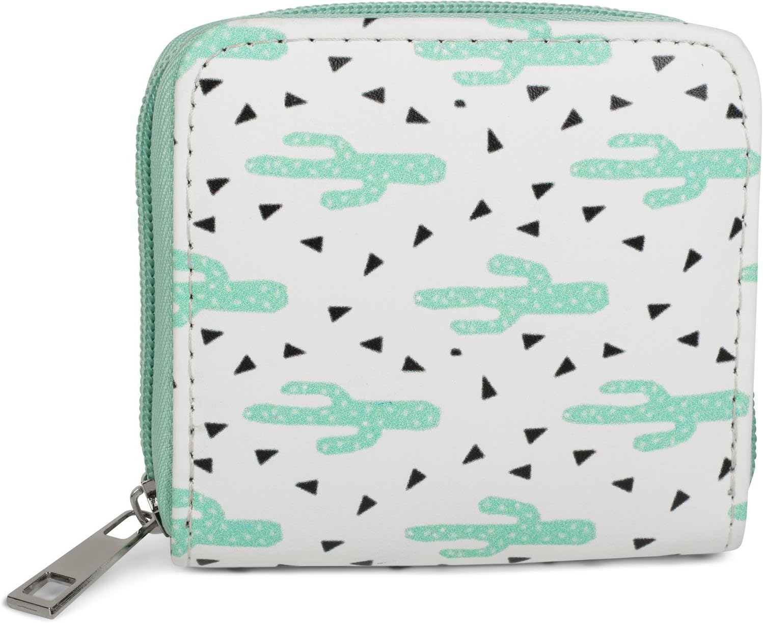 Detalle de styleBREAKER mini portamonete con stampa cactus – bianco/verde menta, chiusura a cerniera circolare