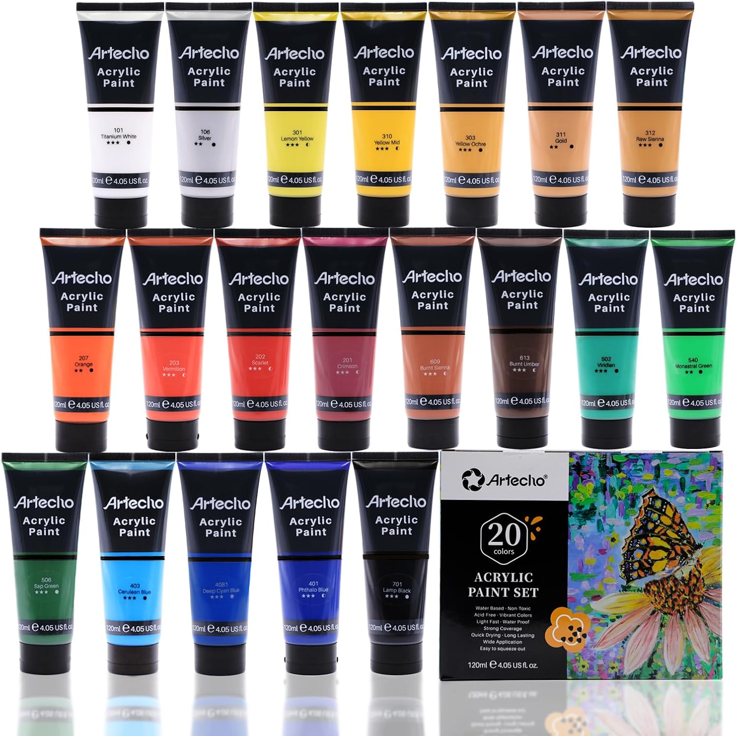 Detalle de Artecho Professional Acrylic Paint Set: 20 Primary Colours in 120 ml Tubes