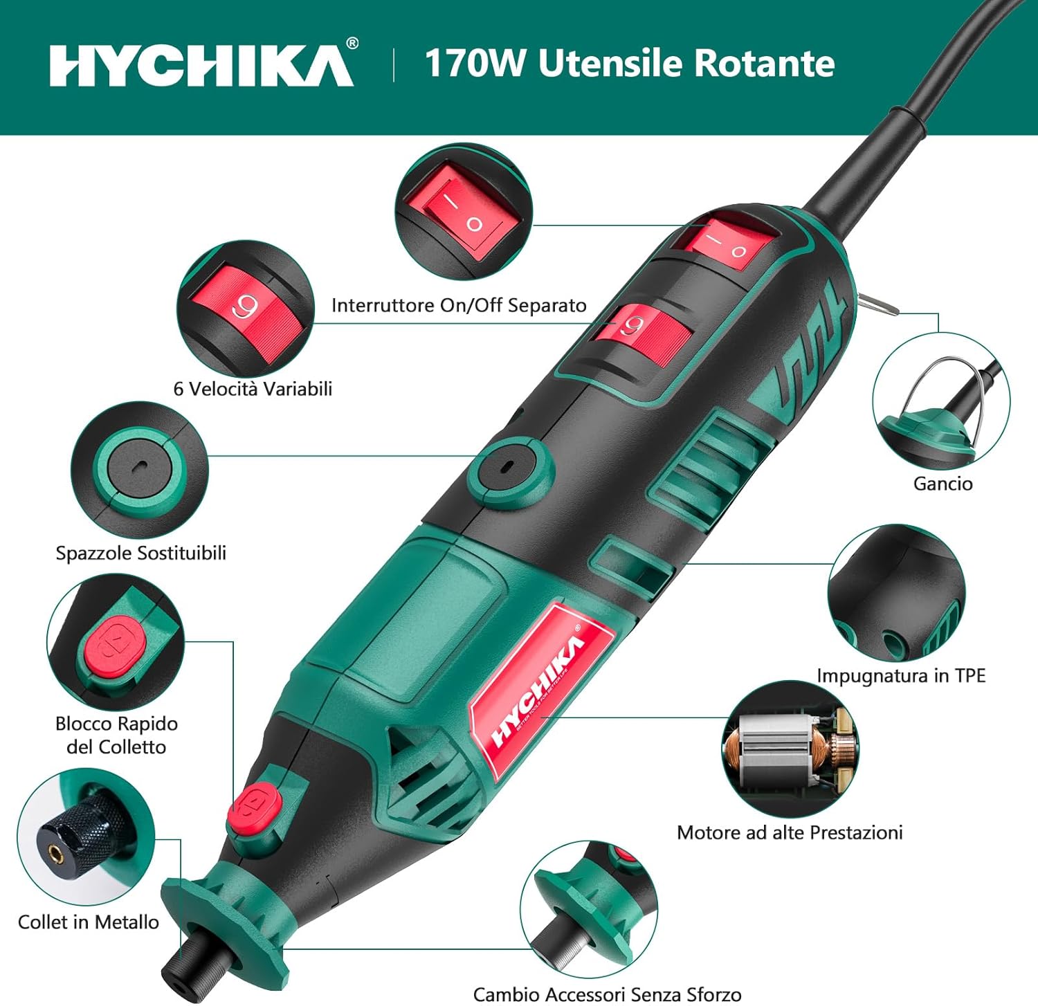 Detalle de HYCHIKA 170W Utensile Rotante con Albero Flessibile e Kit da 173 Accessori – Potenza e Versatilità per il Fai-da-te
