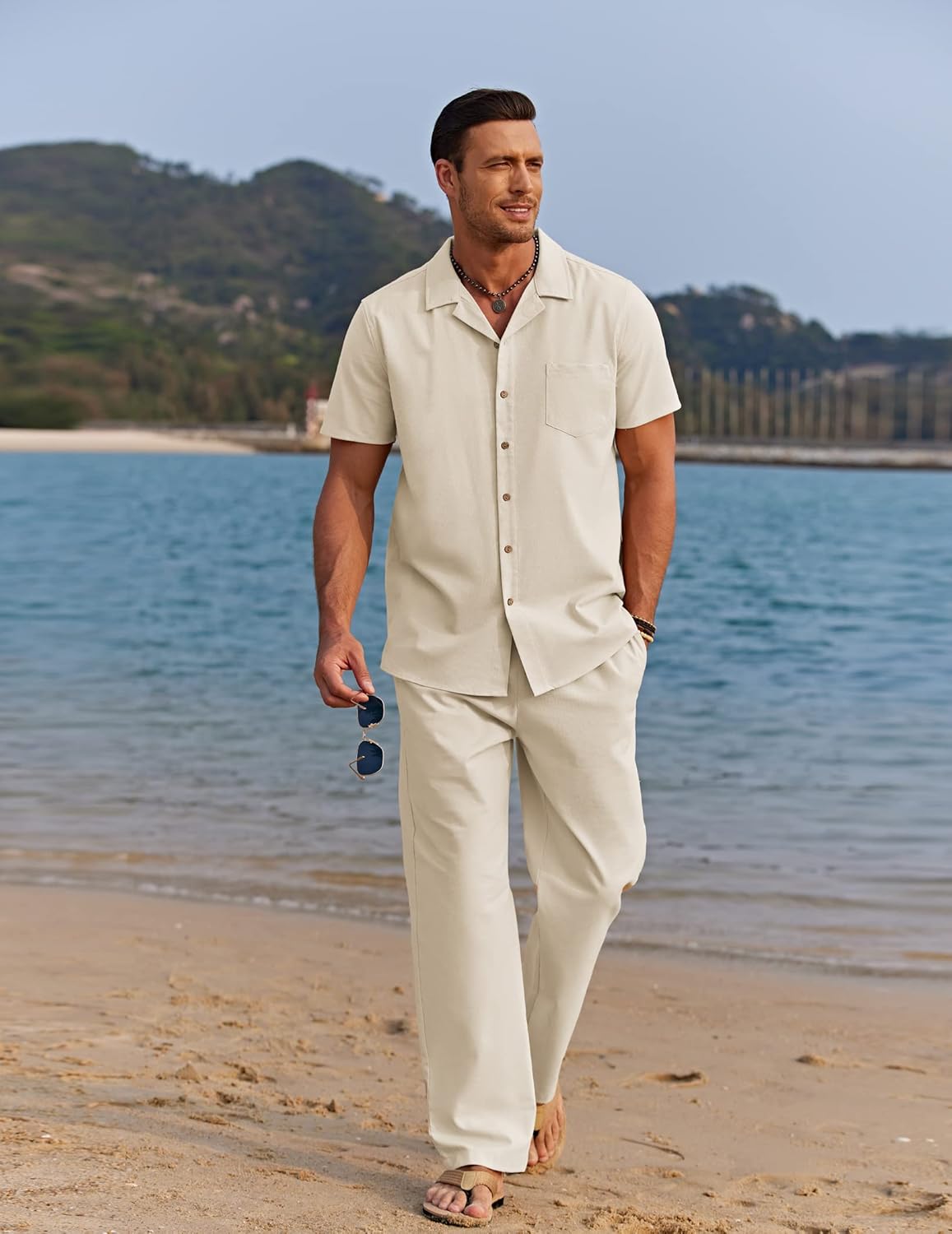 Thumbnail 2 de COOFANDY Men 2 Piece Linen Outfit: Beach-Ready Button-Down Shirt & Relaxed Pant Set