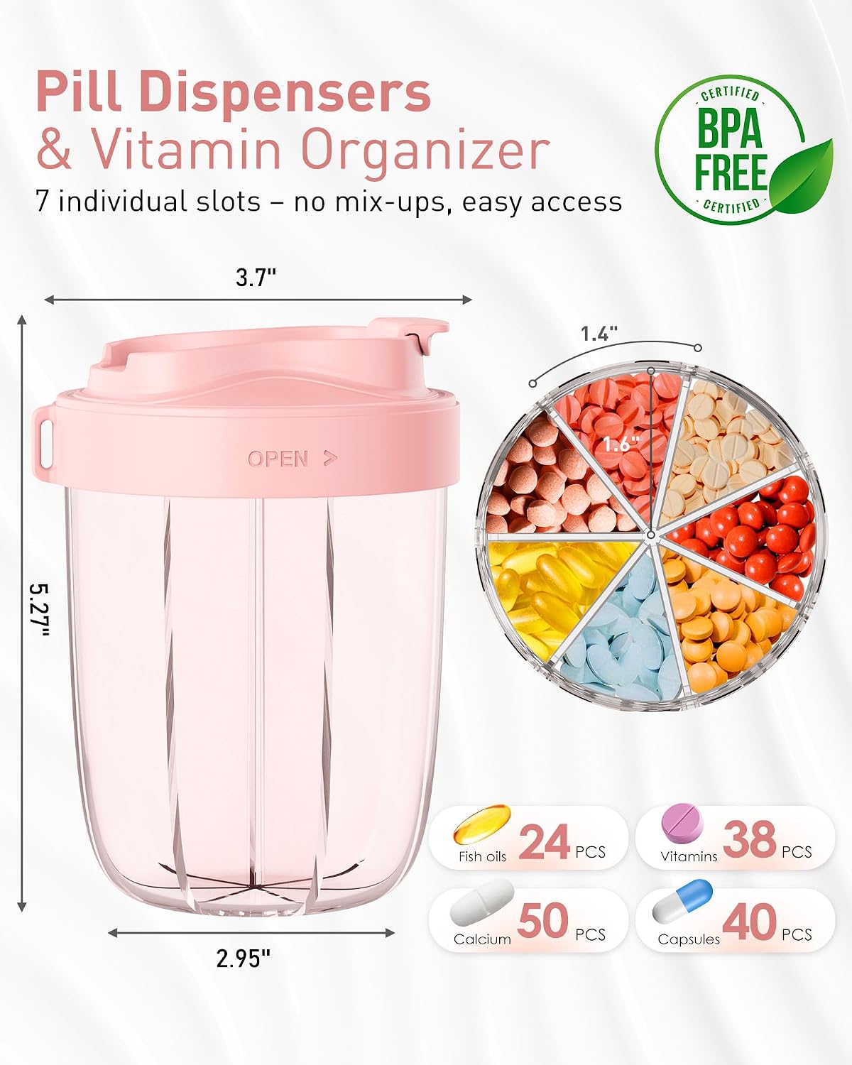 Detalle 2 de MEI NIAN 7-Compartment Pill Organizer, Pink, with Wide Openings and 20 Labels