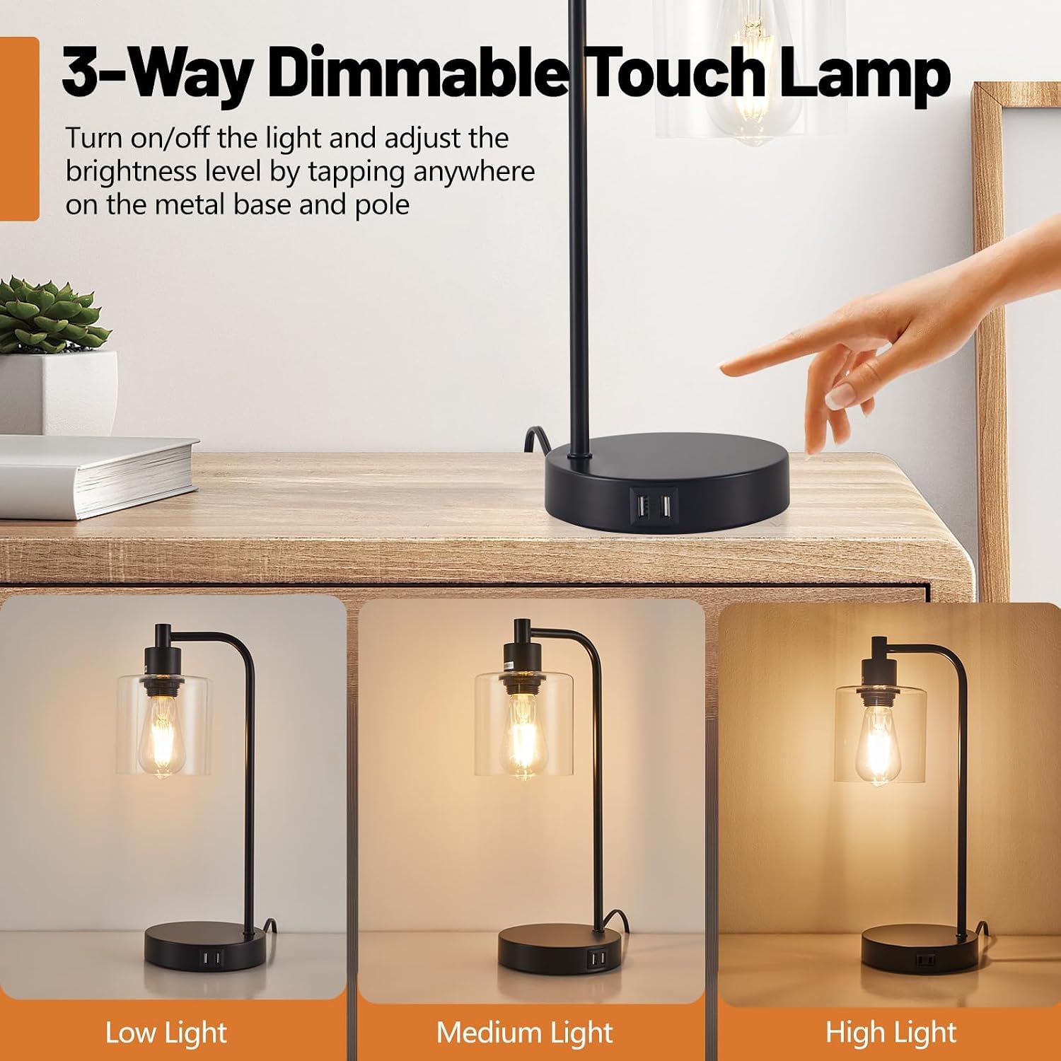 Thumbnail 2 de SANGFOR XLGZ-L1-013BK Table Lamp Set of 2 with Glass Shades, Touch Dimming and USB