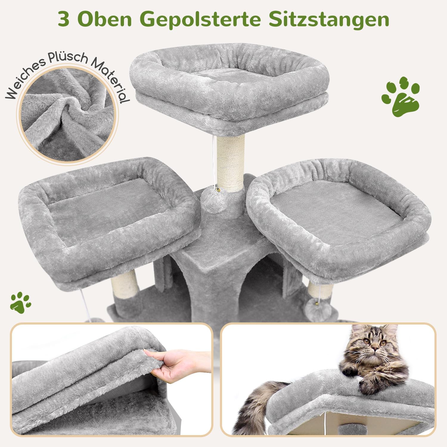 Detalle 2 de Globlazer Kratzbaum Große hoch 204 cm mit 3 gepolsterten Sitzstangen, 2 Katzenhäuser, 2 Körbe, Hängematte – stabiler Luxus-Kratzbaum für 3–5 Katzen