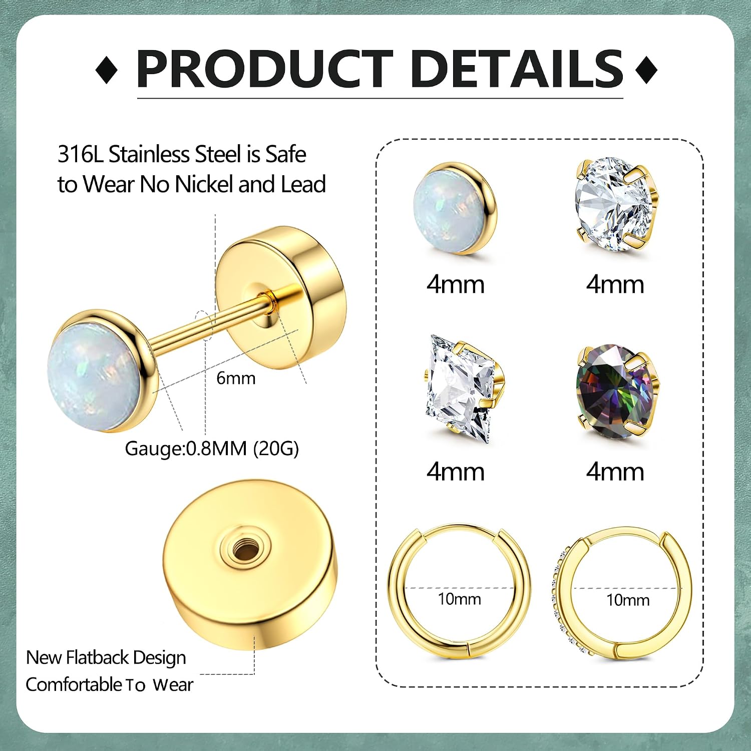 Detalle de Roheafer 6 Paar Ohrringe Gold (Chirurgenstahl) – Flatback Ohrstecker & kleine Creolen für mehrere Piercings