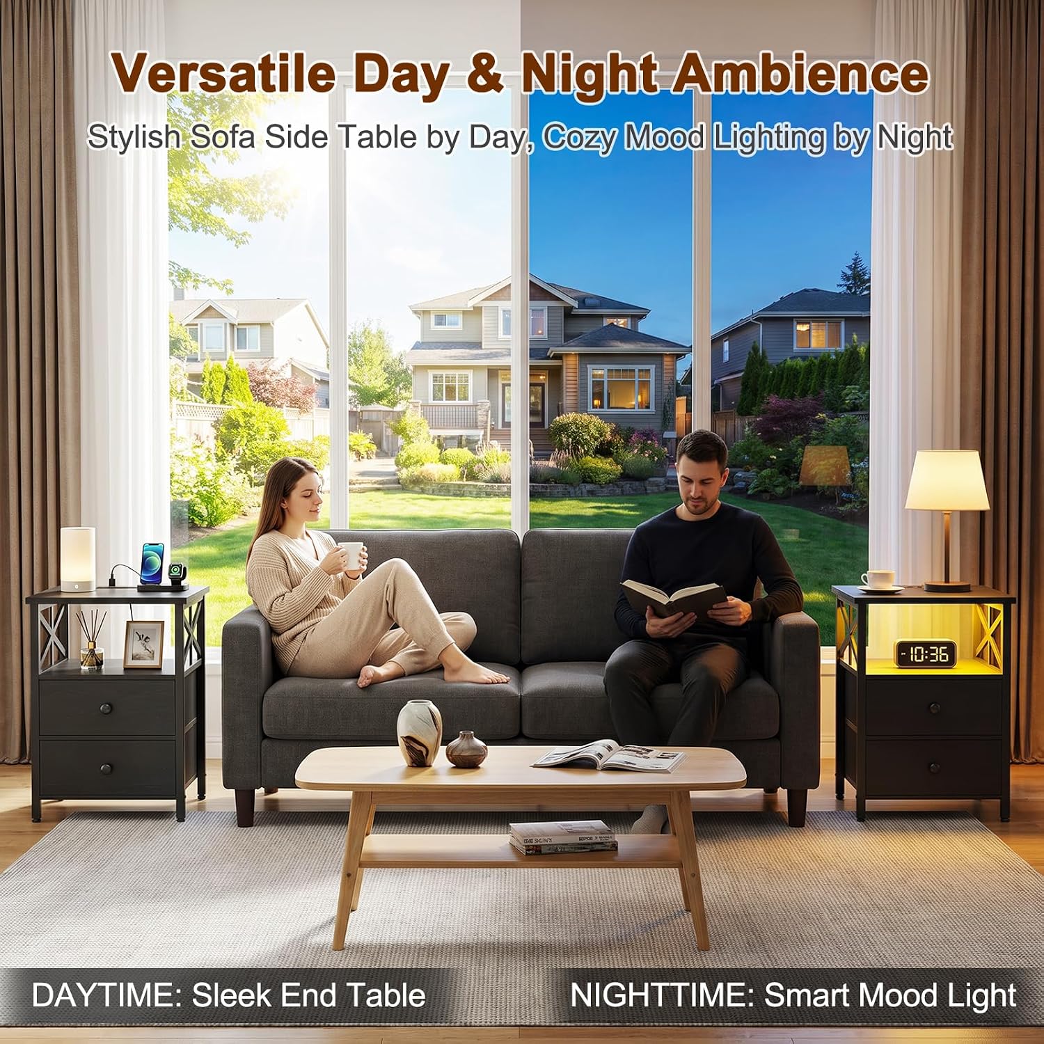 Detalle 2 de AMHANCIBLE HET052 LED Nightstand Set of 2 with Charging Station