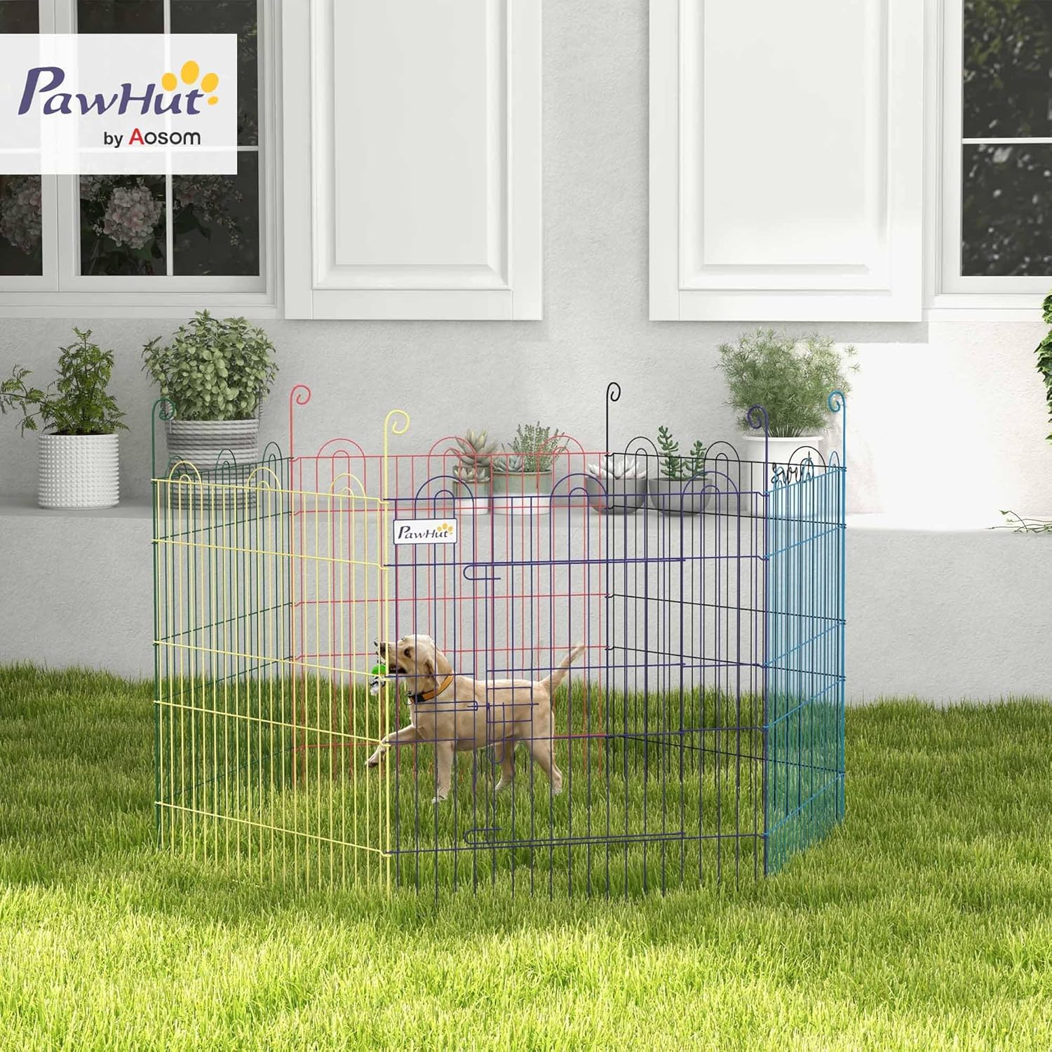 Detalle 2 de PawHut Enclos Chien Pliant en métal – Parc pour animaux 6 panneaux, Ø120 x 60 cm, Multicolore