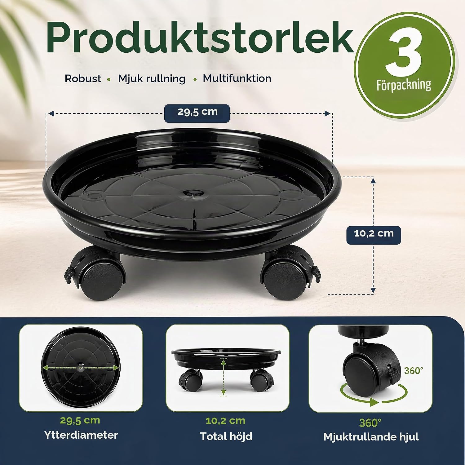 Detalle de Fasmov F-PlantPalletCaddy-3P krukvagn, 3-pack med låsbara hjul