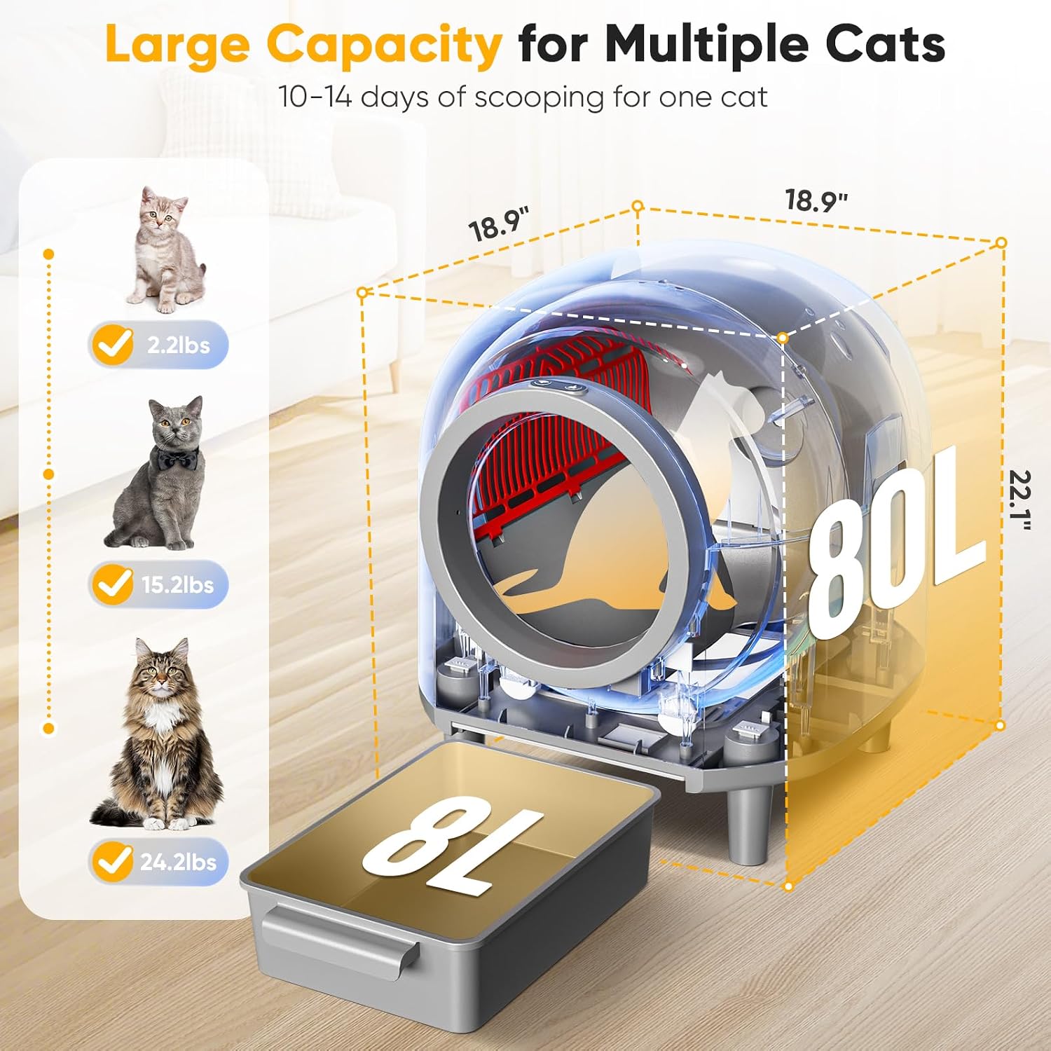 Detalle de whiffee HYGXTH002 Self-Cleaning Cat Litter Box with App Control and 10 Sensors