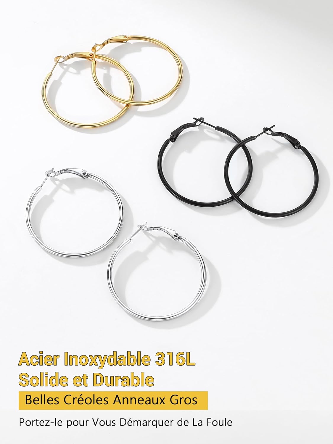 Thumbnail 6 de PROSTEEL – Lot de 3 créoles femme en acier inoxydable plaqué or, anneaux 30 mm