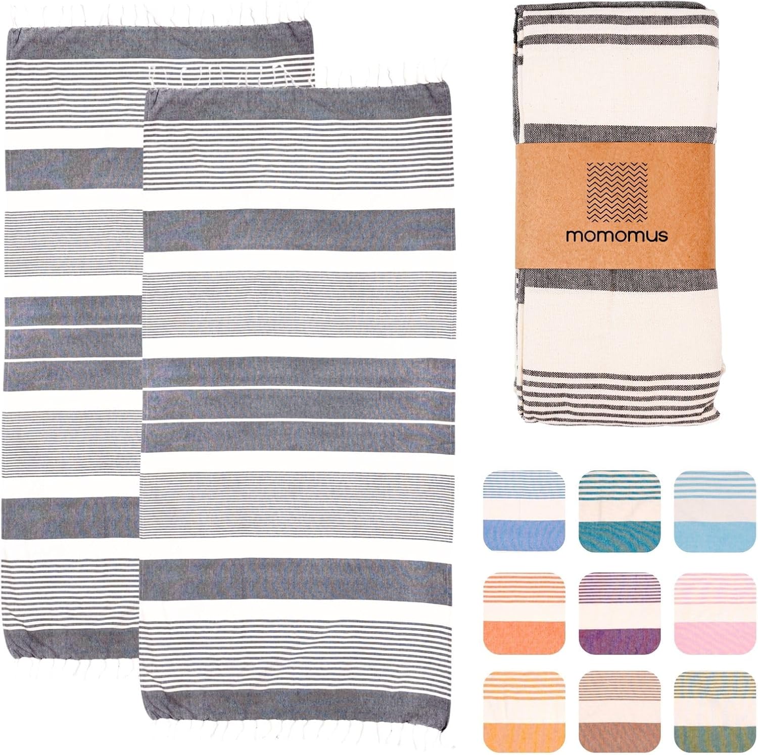 MOMOMUS Lot de 2 Foutas de Plage XL 90x180 cm – Coton Ultra-Doux, Absorbantes et Légères