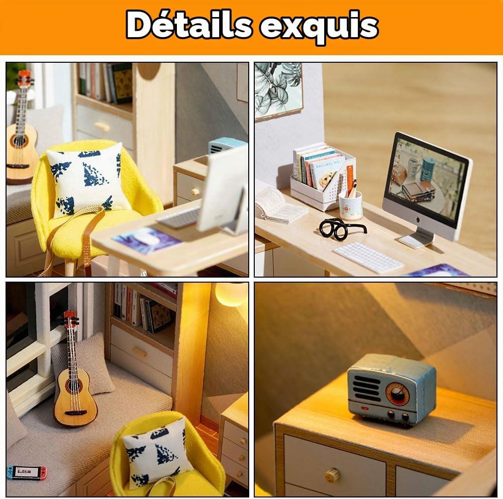 Detalle de OSDUE P2-MNSFW240731-FBA houten miniatuurpoppenhuis 1:24 met ledverlichting