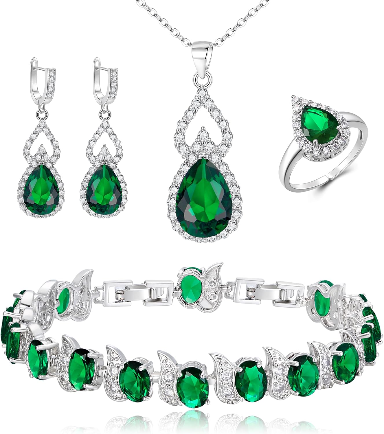 Parure bijoux de mariage Clearine en argent goutte d’eau, zirconia cubiques (4 pièces) : collier, boucles, bracelet et anneau réglable
