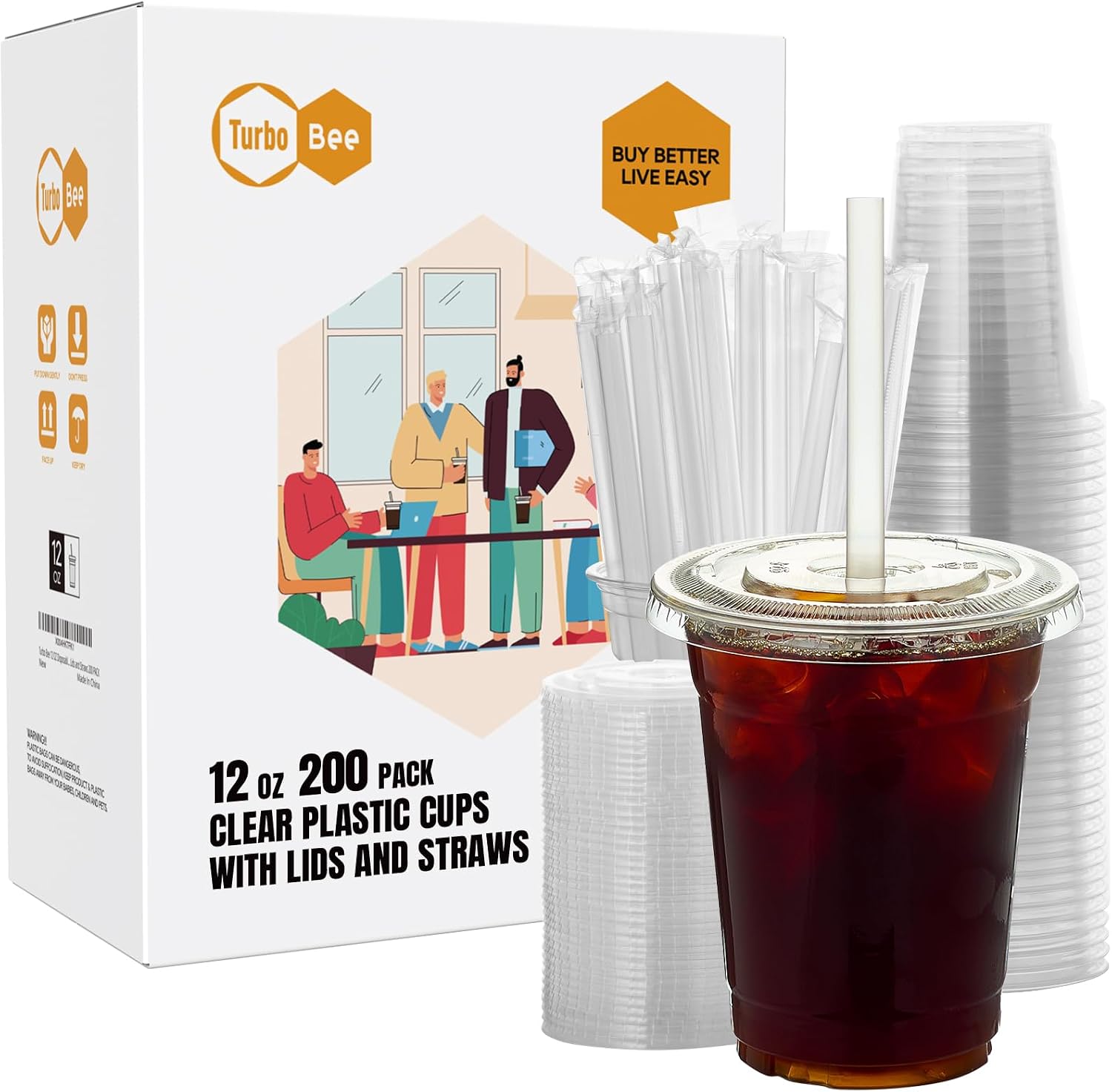 Detalle de Turbo Bee 12 oz Clear Plastic Cups with Lids and Straws, 200 Sets