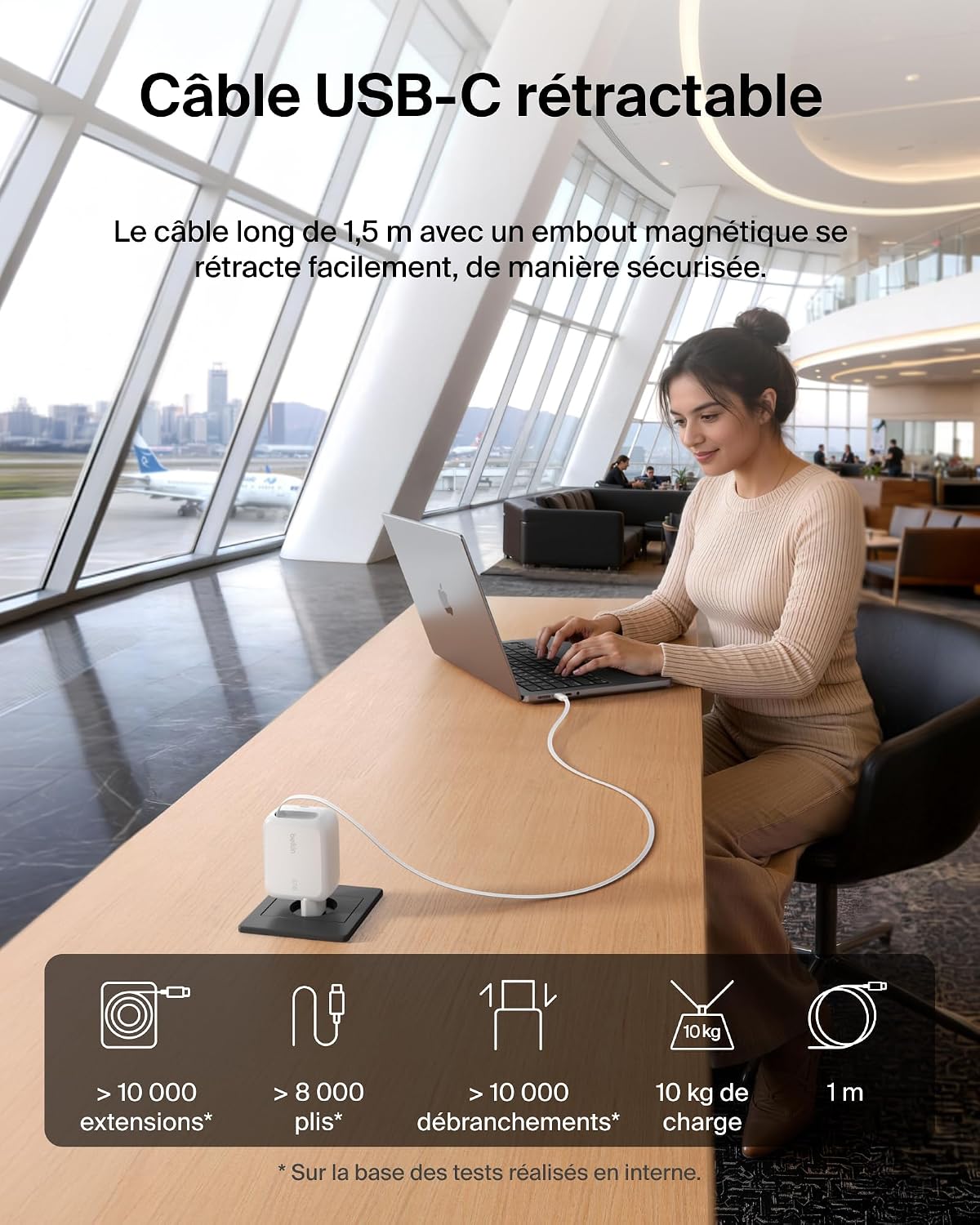 Detalle de Belkin Chargeur USB-C GaN 67 W avec câble rétractable 1 m – PD PPS et charge simultanée