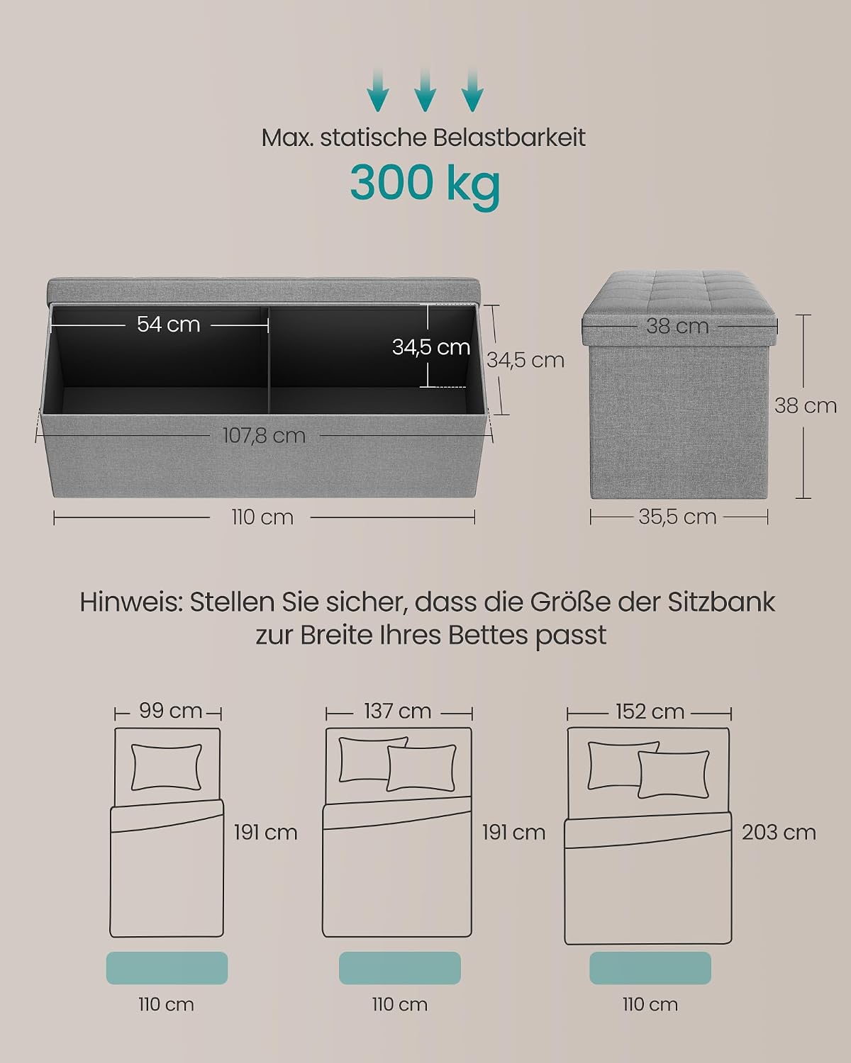 Detalle de SONGMICS Sitzhocker mit Stauraum 131 L
