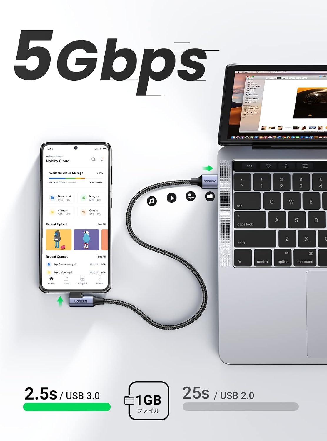 Thumbnail 1 de UGREEN USB Type-Cケーブル 0.5m 2本セット、L字型端子・3A急速充電・5Gbps転送