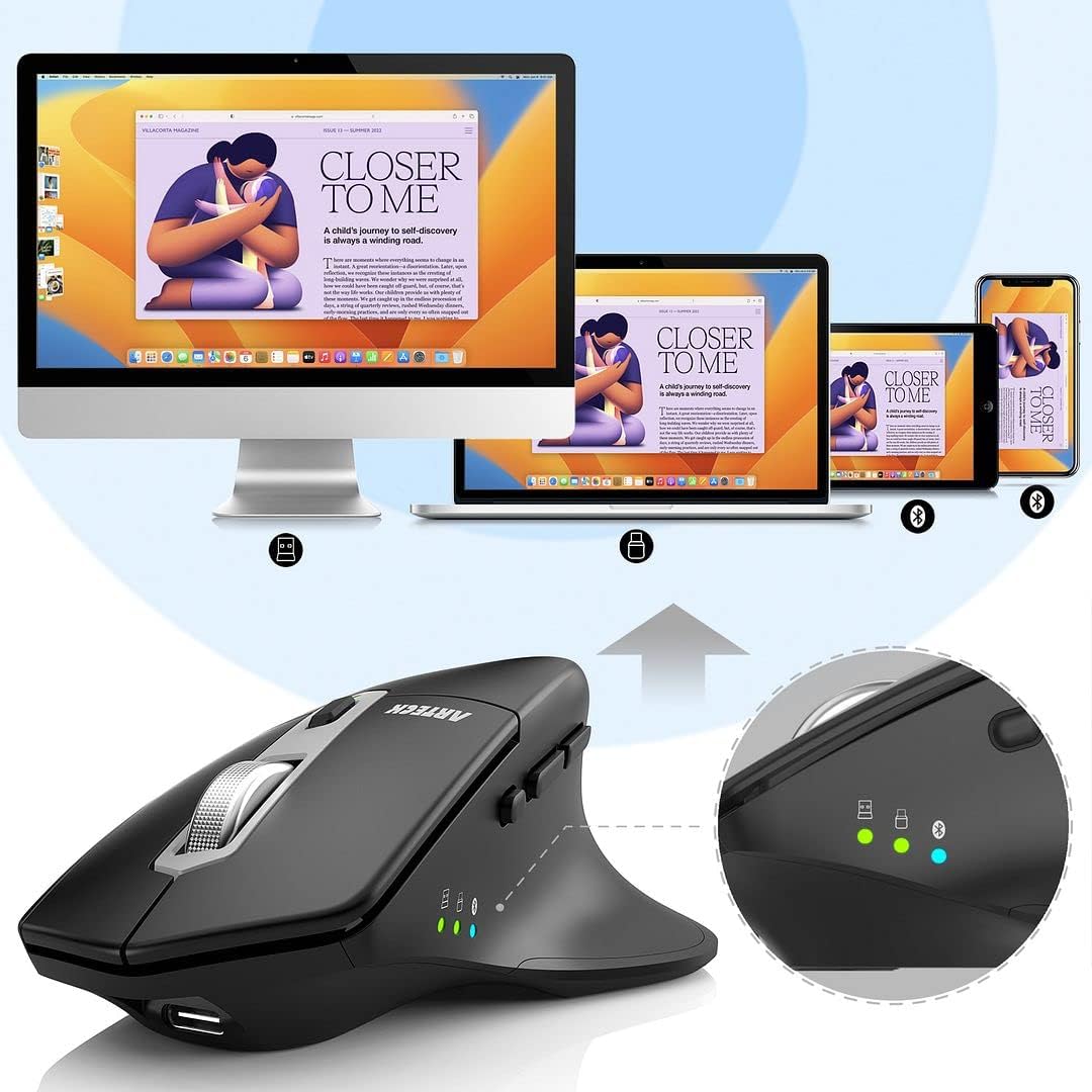 Thumbnail 6 de Arteck MD172 Multi-Device Wireless Bluetooth Mouse (Nano USB-A & USB-C receivers) – silent, rechargeable ergonomic right-hand mouse