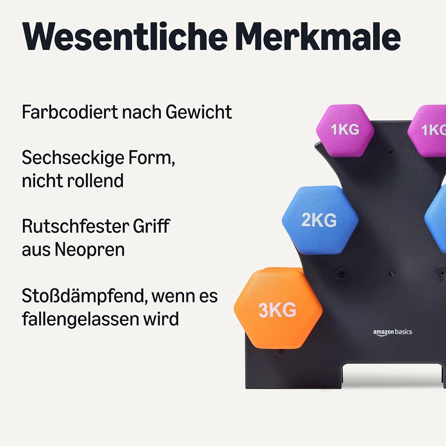 Thumbnail 1 de Amazon Basics Neopren Hantelset mit Ständer – 3 Paar Hanteln (1 kg, 2 kg, 3 kg) in sechseckiger Form