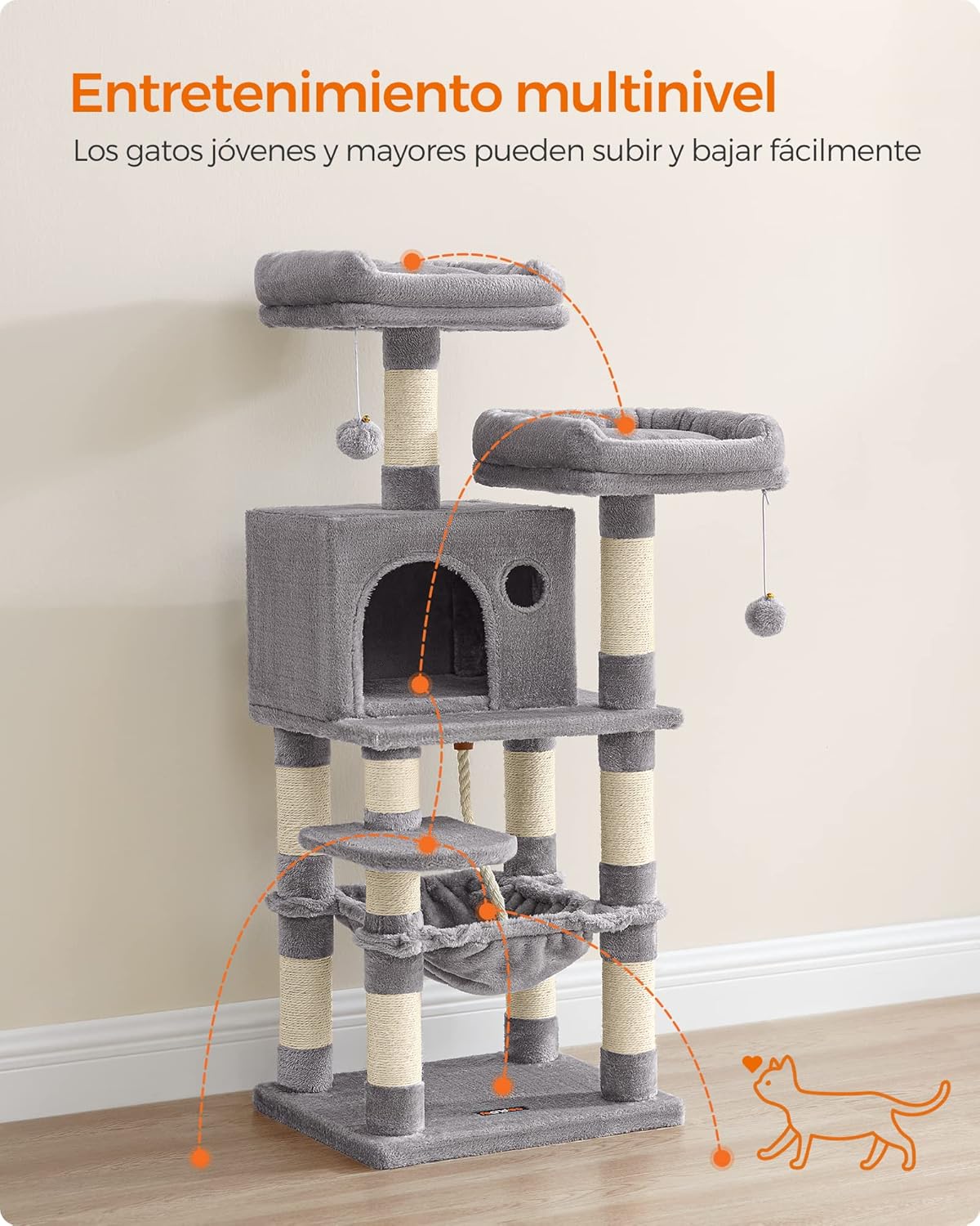 Detalle de Feandrea Albero per Gatti Alto 112 cm – Tiragraffi Multilivello con 11 pali, grotta, amaca e accessori