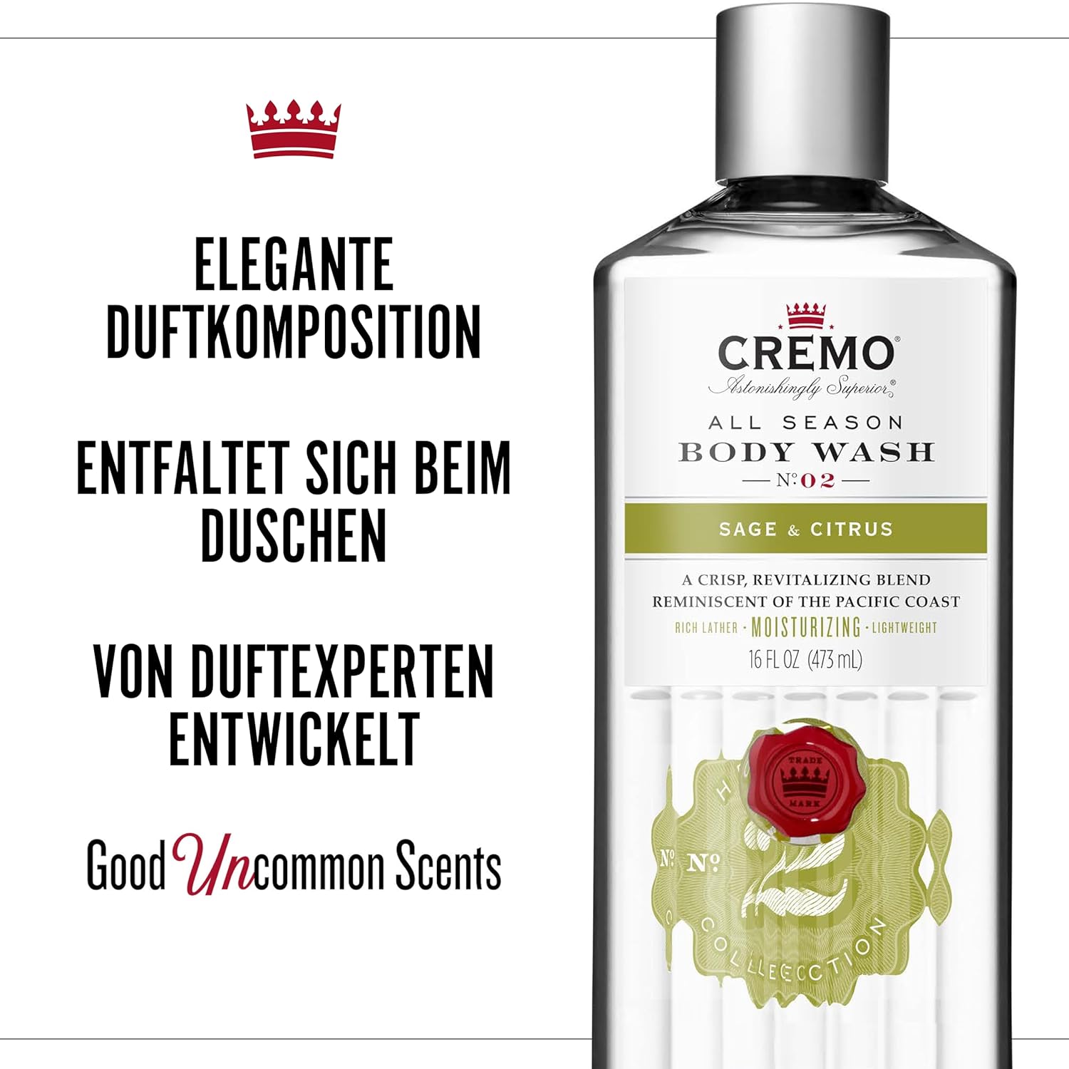 Detalle de CREMO Feuchtigkeitsspendendes Body Wash für Männer – Duschgel mit Salbei & Zitrusfrüchten, 473 ml