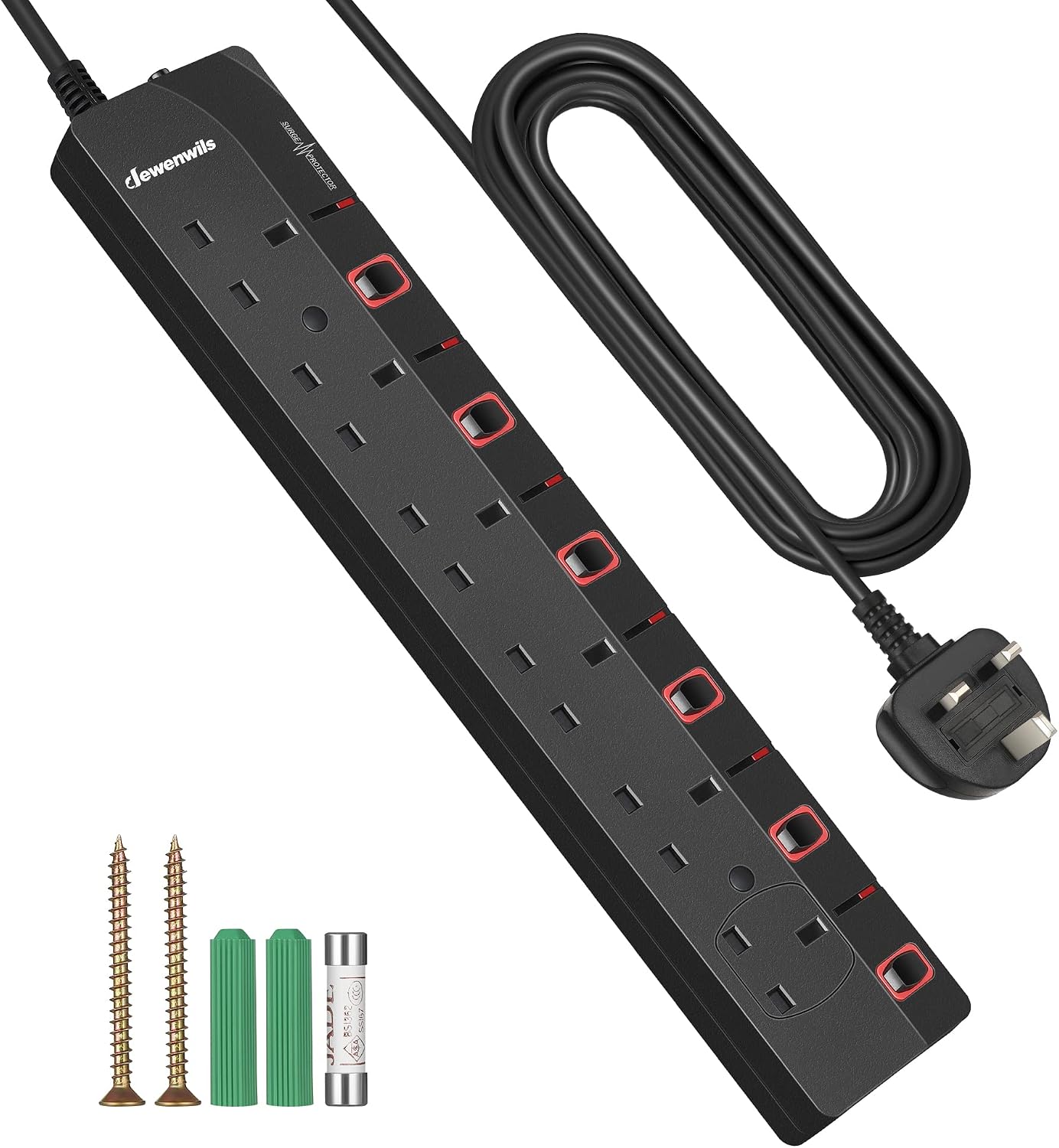 Detalle de DEWENWILS 6-way extension lead 5m, surge protected ๐