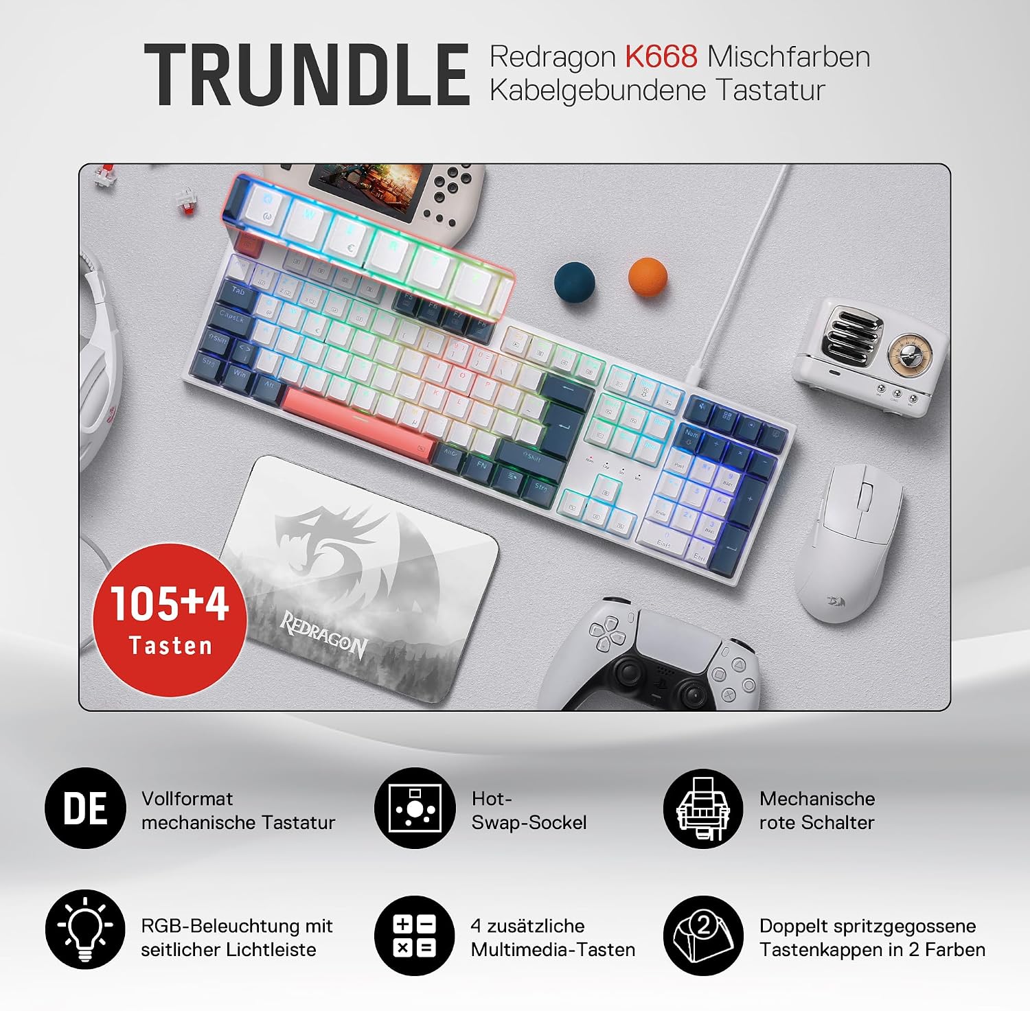 Thumbnail 1 de Redragon K668 QWERTZ Gaming-Tastatur (105+4 Tasten) mit Hot-Swap, RGB und roten Schaltern