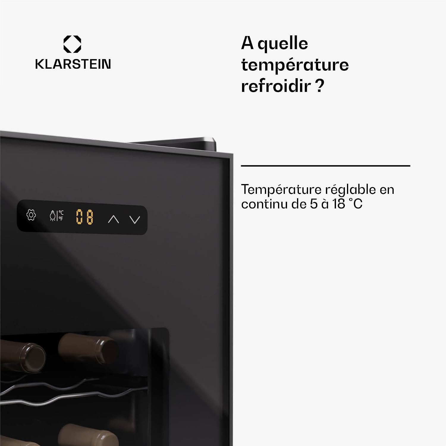 Detalle de Klarstein 10045375 wijnkoelkast met één zone, glazen deur en ruimte voor 12 flessen