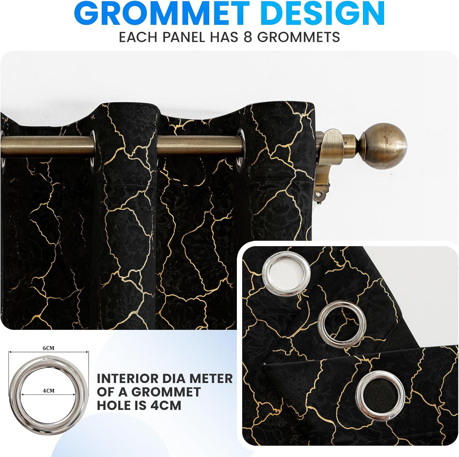Thumbnail 5 de Ystyle Rideau occultant en velours noir avec motifs dorés (lot de 2) 140x245 cm