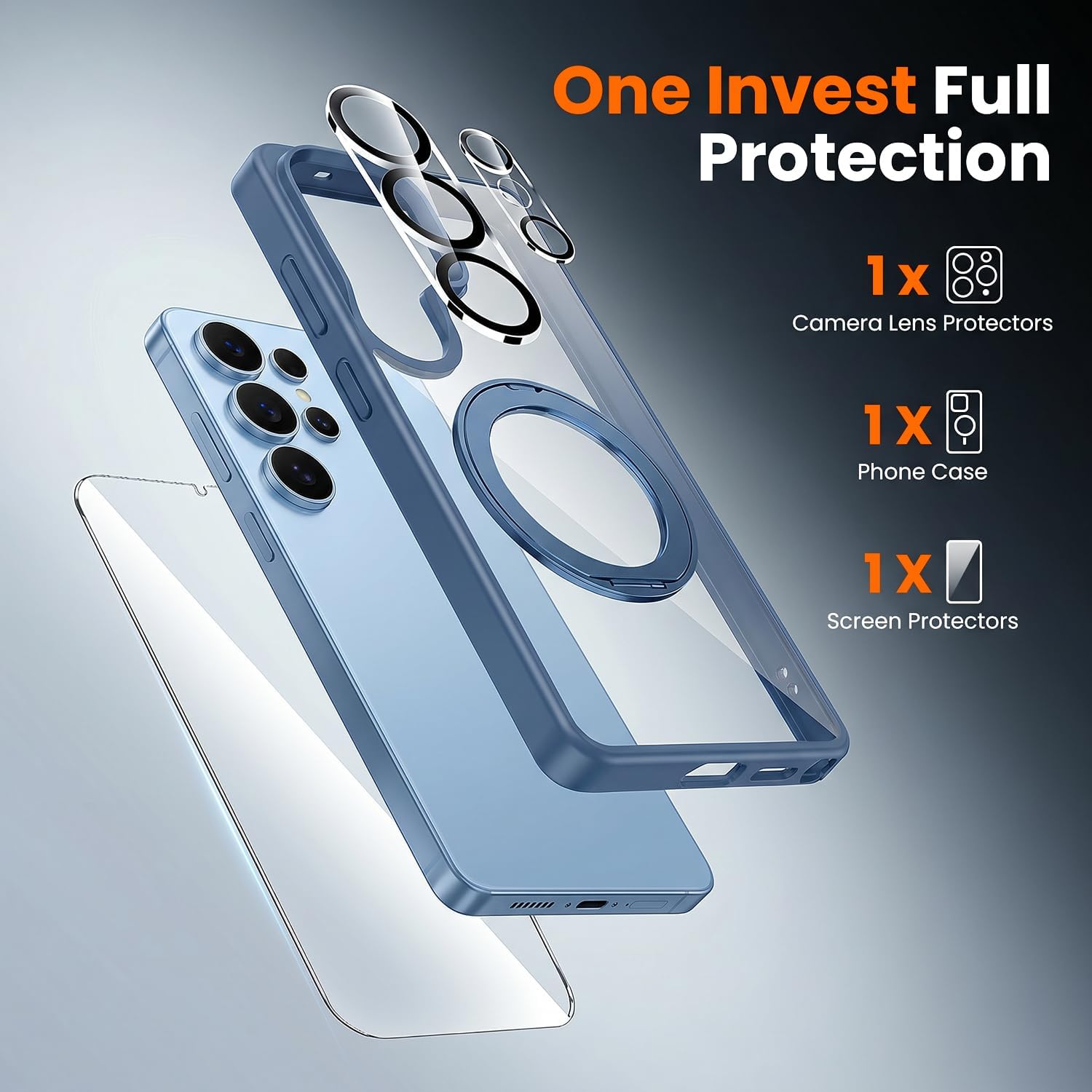 Detalle de Bitowik Galaxy S26 Ultra 360° Ring Stand Case, Clear Blue, MagSafe Compatible