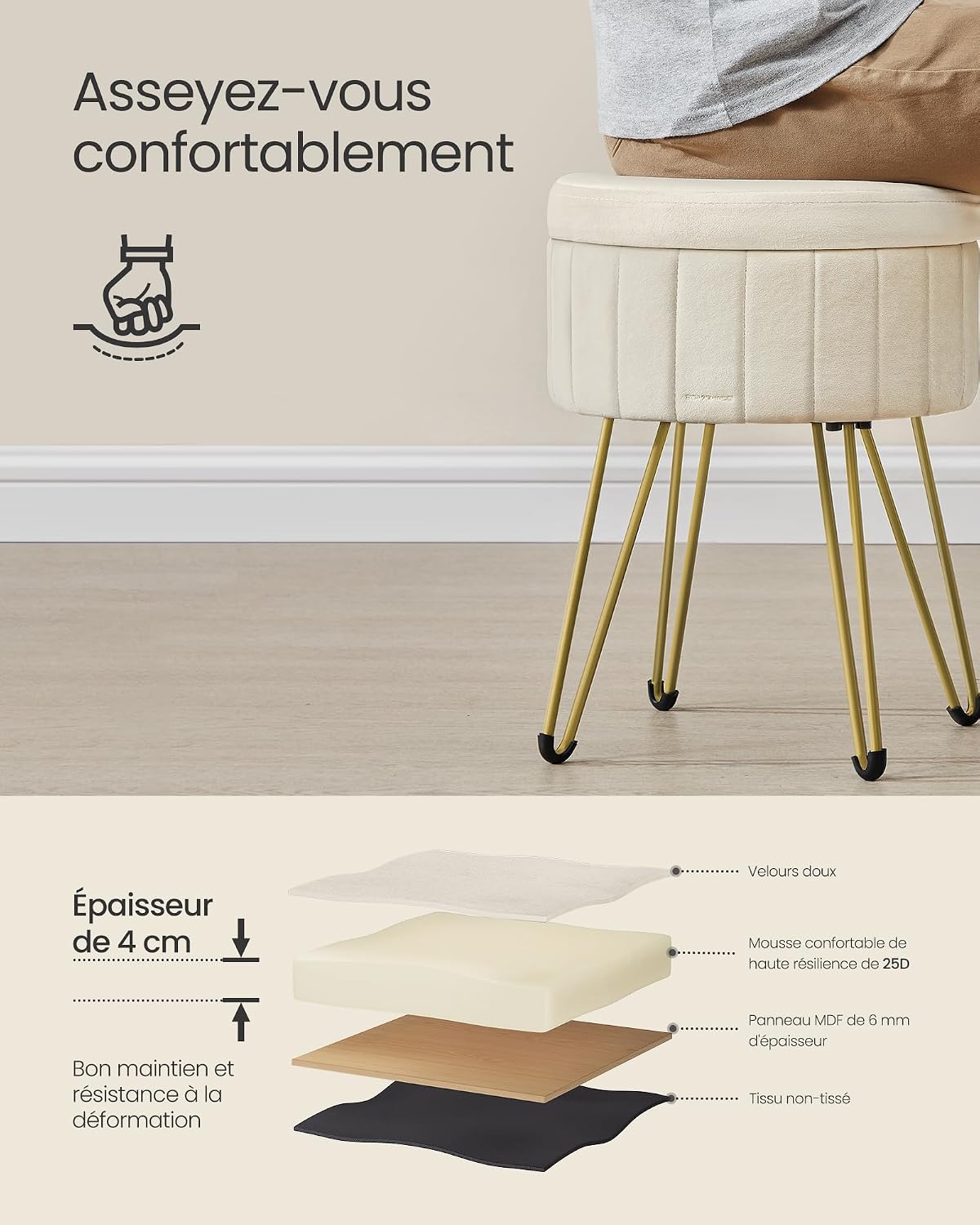 Detalle 1 de SONGMICS GIANA LOM003W01 opbergkruk in fluweel, rond, 39 x 44,4 cm