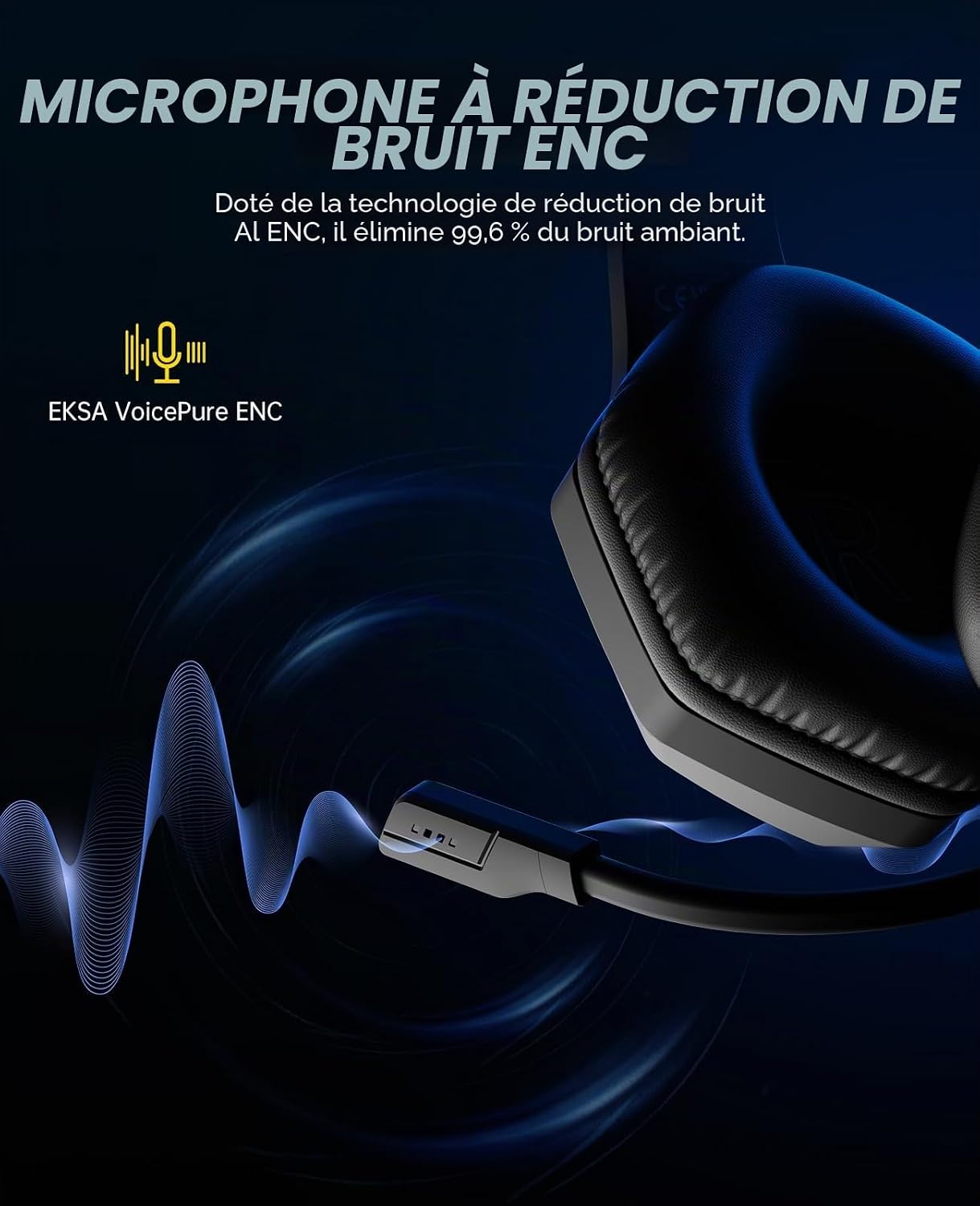 Detalle de EKSA E1000BT : casque gaming sans fil 3-en-1 Bluetooth/2,4 GHz + audio 3,5 mm (PS5, PC, PS4)