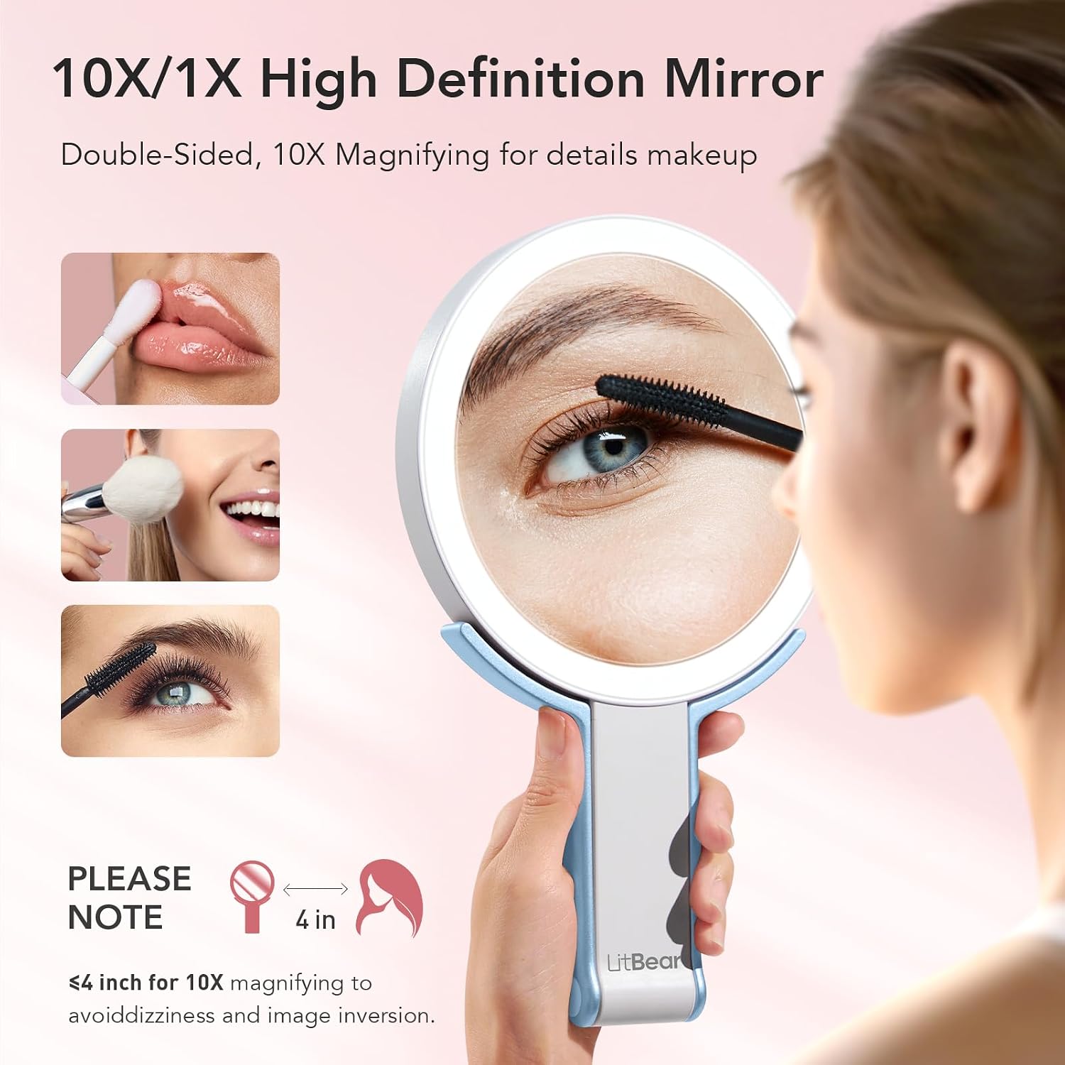 Detalle de LitBear LB-MM01 Travel Makeup Mirror, Rechargeable 10X/1X LED, Blue