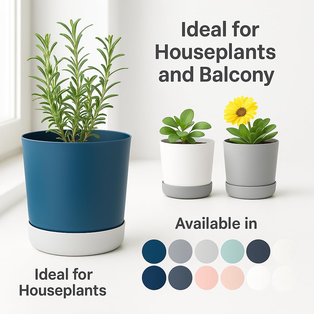 Thumbnail 4 de Home Garden Ornaments Plant Pots Indoor, Plastic Outdoor Planter with Drainage & Saucer (13 cm / 5.1 inch) – White