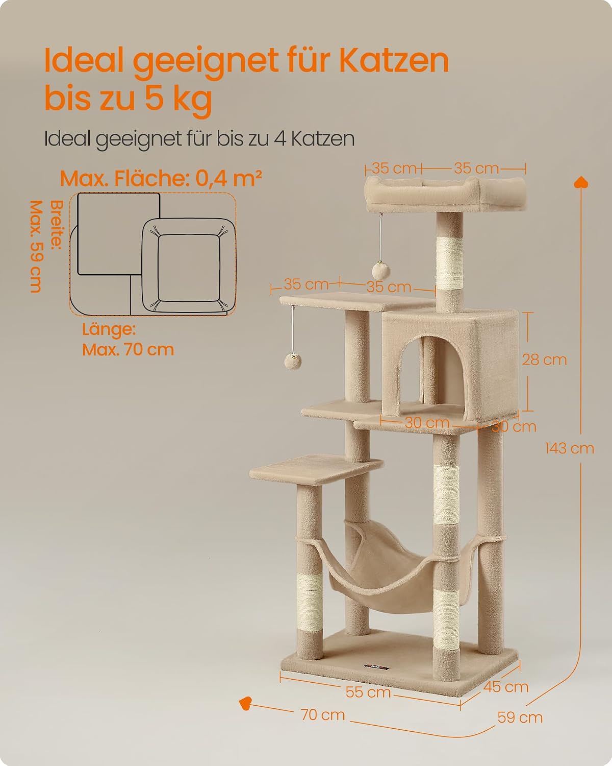 Detalle de Feandrea Kratzbaum PCT161K01 (143 cm) mit 4 Kratzsäulen, 2 Plattformen, Hängematte und Höhle
