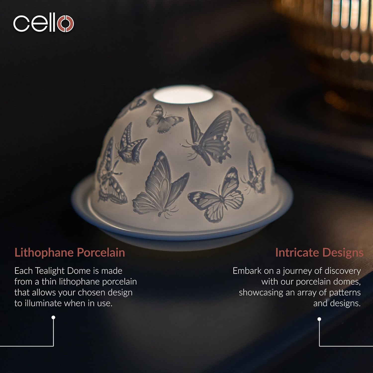 Thumbnail 1 de Cello Porcelain Tealight Holder Dome (Butterflies 3D Projection) LED or Tealight Wax Warmer – Gift-ready ornament