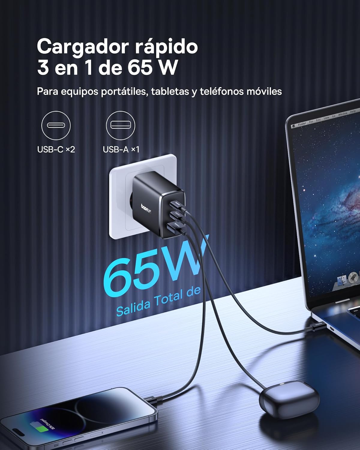 Thumbnail 2 de Baseus - Cargador USB C 65W, 3 Puertos, Rápido ⚡