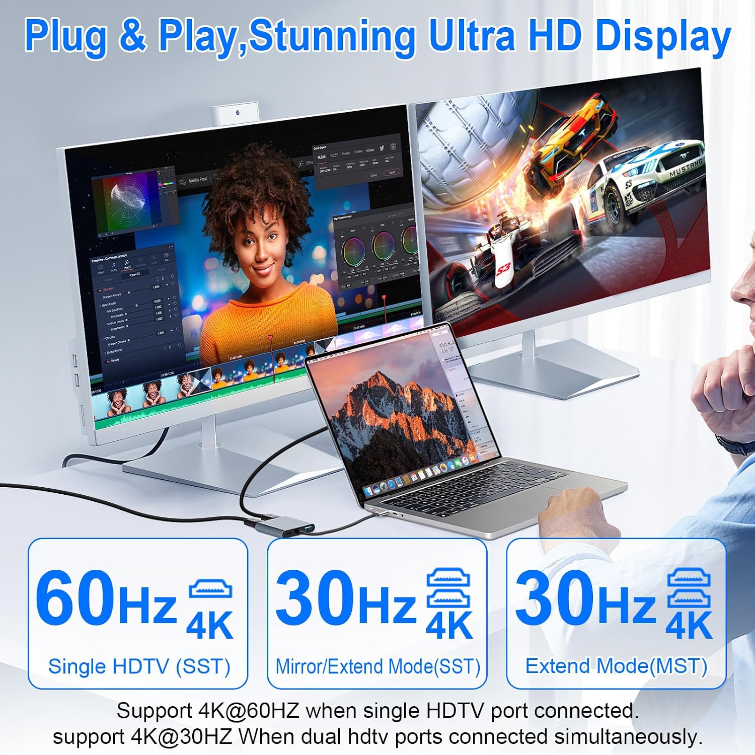 Detalle de USB C to Dual HDMI Adapter 4 in 1: 4K@60Hz single HDMI, 4K@30Hz dual, 100W PD, USB C Hub for MacBook Pro/Air, iPad and more