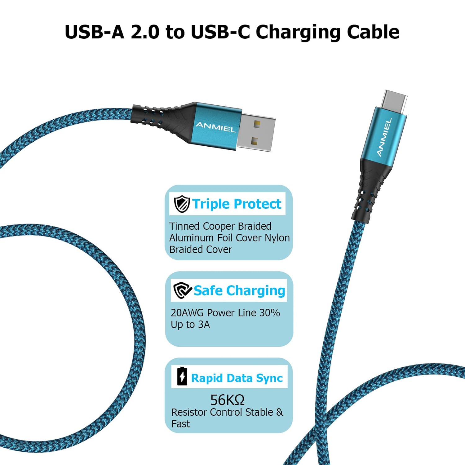 Thumbnail 6 de ANMIEL USB C Cable 2 Pack 3M – Nylon Braided Type C Charger Cord, 3A Fast Charge QC3.0, 10ft USB A to USB C