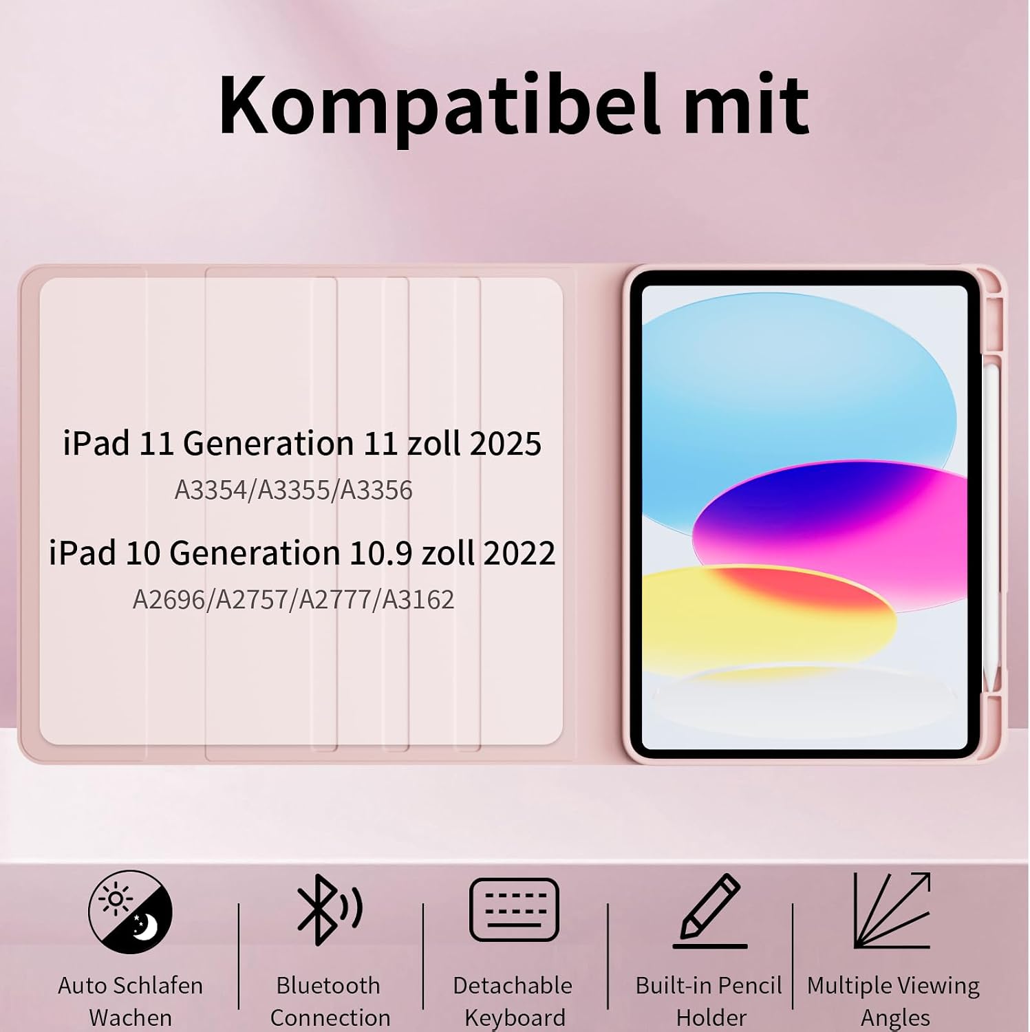 Thumbnail 1 de GKABXY Tastatur-Hülle für iPad 11 (A16) & iPad 10.9 (2022) – abnehmbare, beleuchtete Magnet-Tastatur (Rosa)