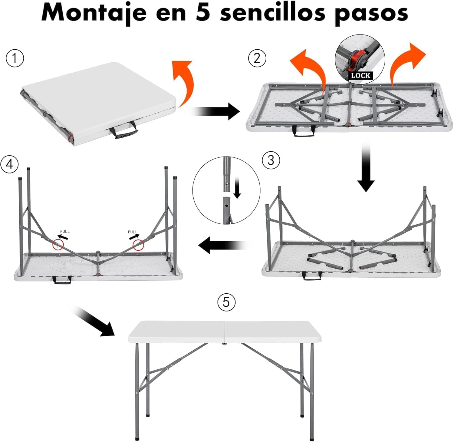 Thumbnail 6 de Mesa plegable de camping T-LOVENDO.ES rectangular auxiliar 122x61 cm (hasta 120 kg), blanca