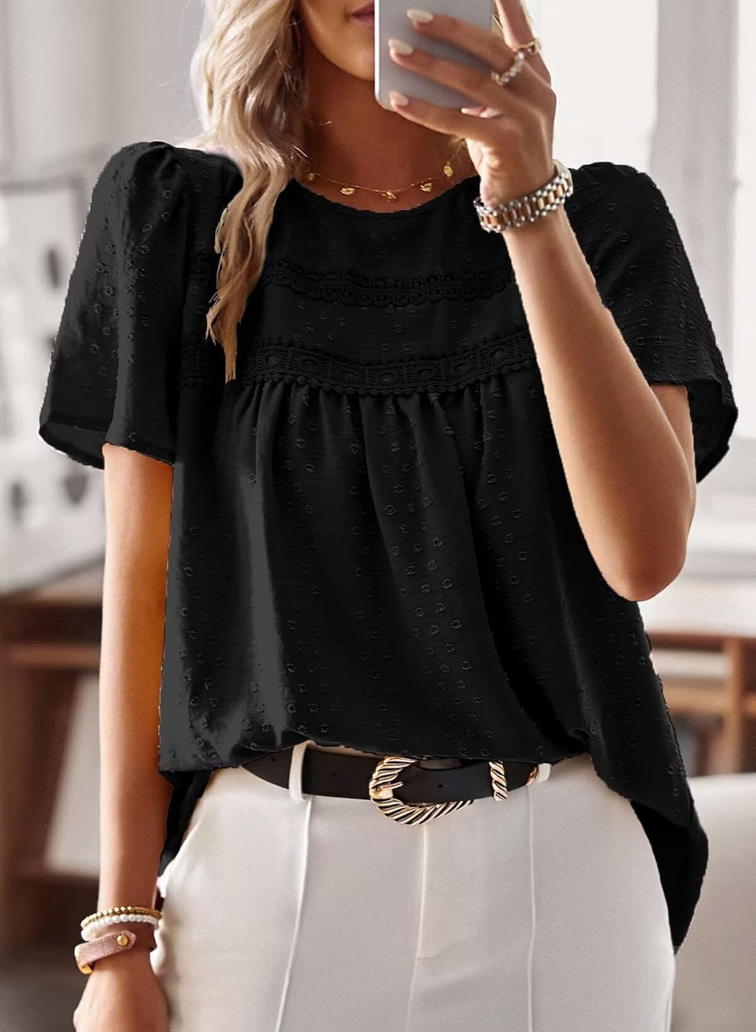 Thumbnail 3 de TUUHAW Femme Chemisier Boho – Blouse Manches Courtes Col Rond Dentelle Fluide