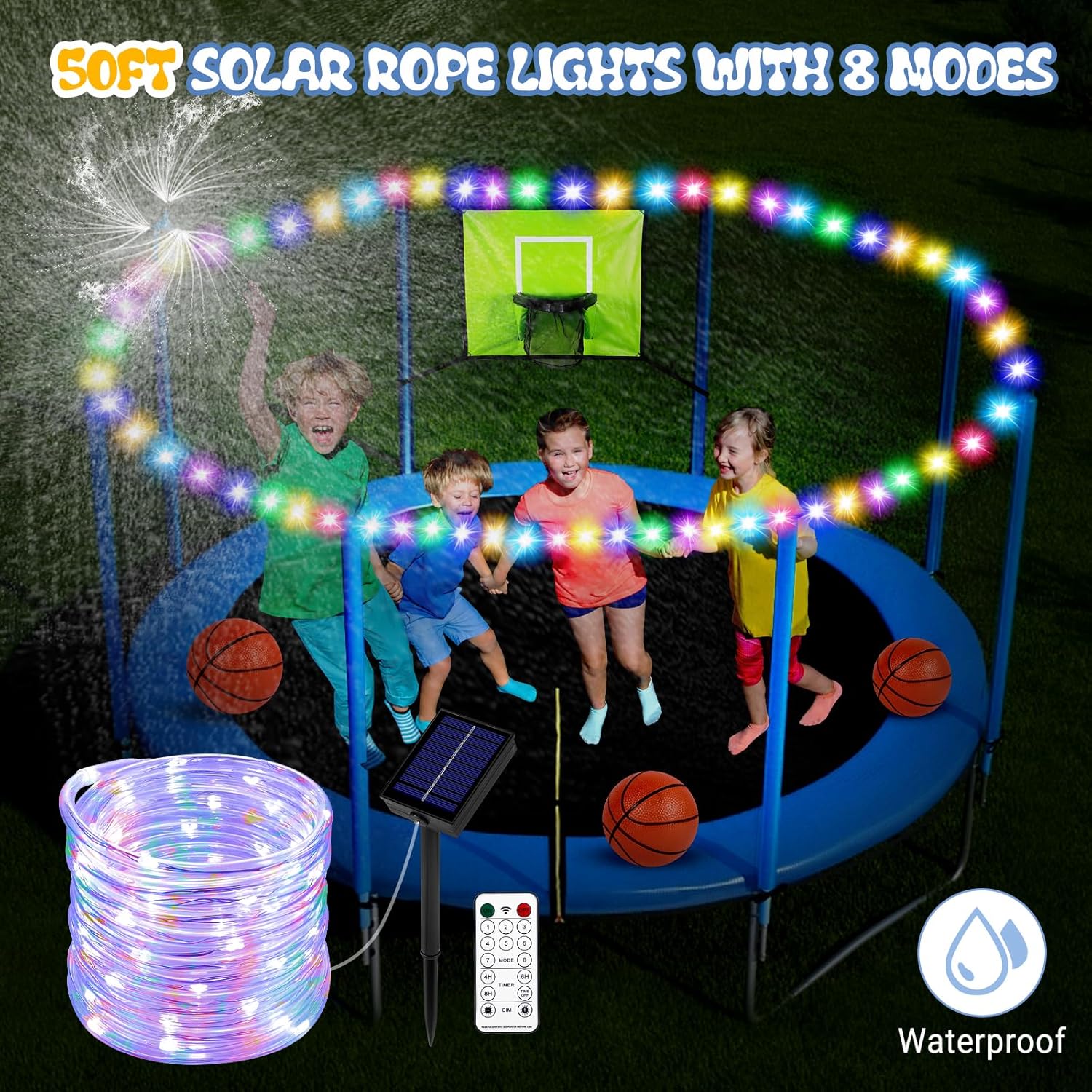Detalle de Kids Trampoline Accessories Kit: Basketball Hoop, Mini Balls, Solar Lights & 8-Mode Outdoor Lighting