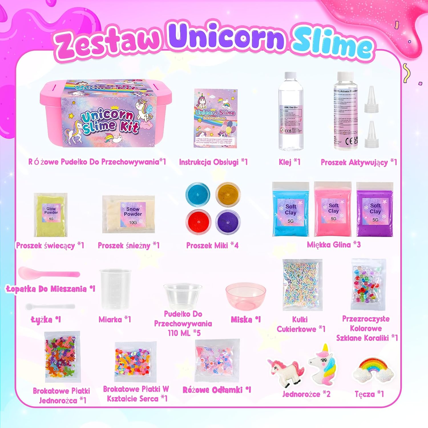 Thumbnail 5 de iKidiki slm – zestaw do slime’a Jednorożec, świecący proszek i 30 elementów